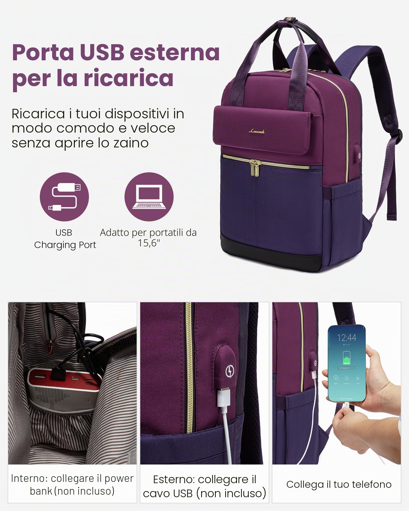 LOVEVOOK Zaino da donna, per la scuola, per adolescenti, ragazze, con scomparto per laptop, da viaggio, impermeabile, elegante, per università, viaggi, ufficio, Blu-Viola , 15.6", Casual