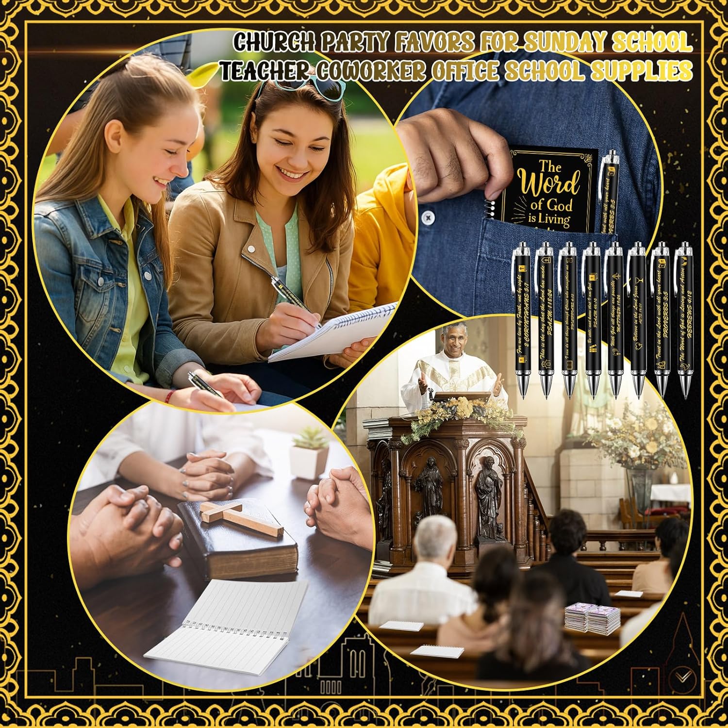 24 Sets Christian Notepads Bible Pens Sets Bulk - Classroom Office Church Religious Gifts - Spiral Thickened Bible Verse Notepad Pens for School Teacher Coworker (Gold Foiling Black)