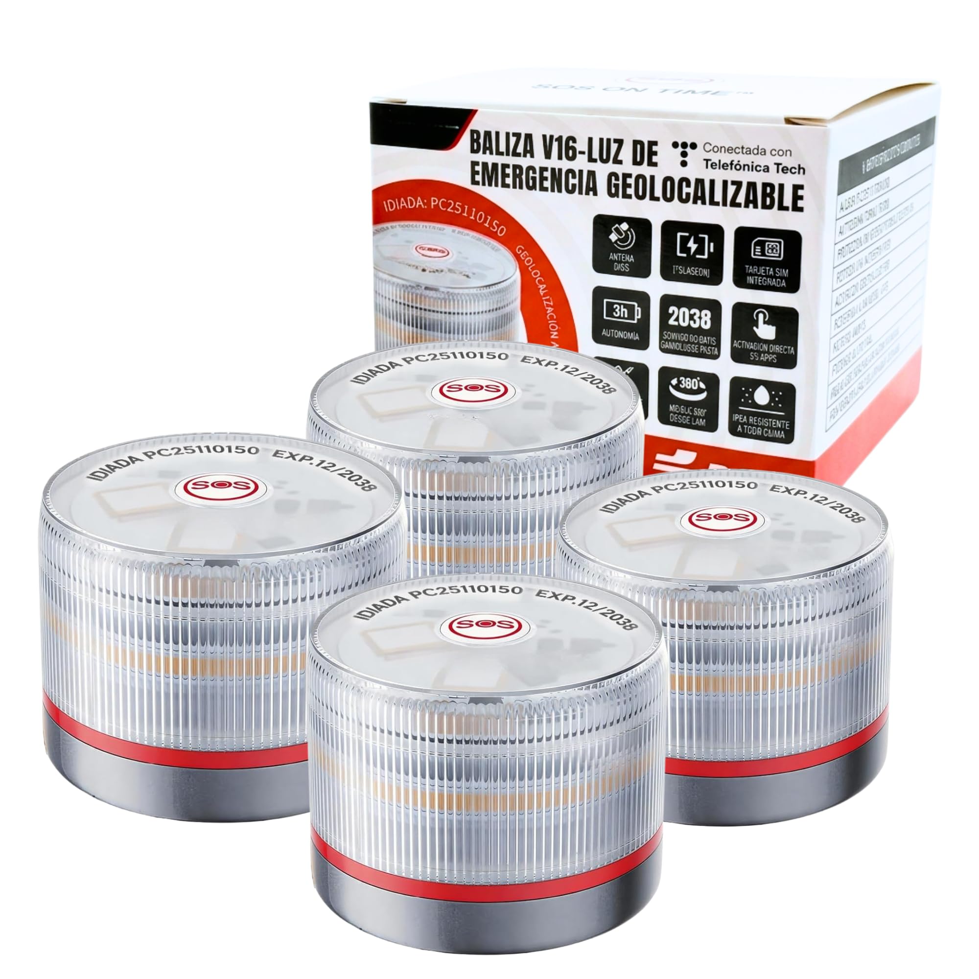 MAGIC SELECT 4x Luz de Emergencia V16 DGT 3.0 Homologada con Geolocalización para Señalización en Carretera, Coche y Moto, Luz Intermitente Naranja 360º, Base Imantada, Incluye1 Pila 9V.