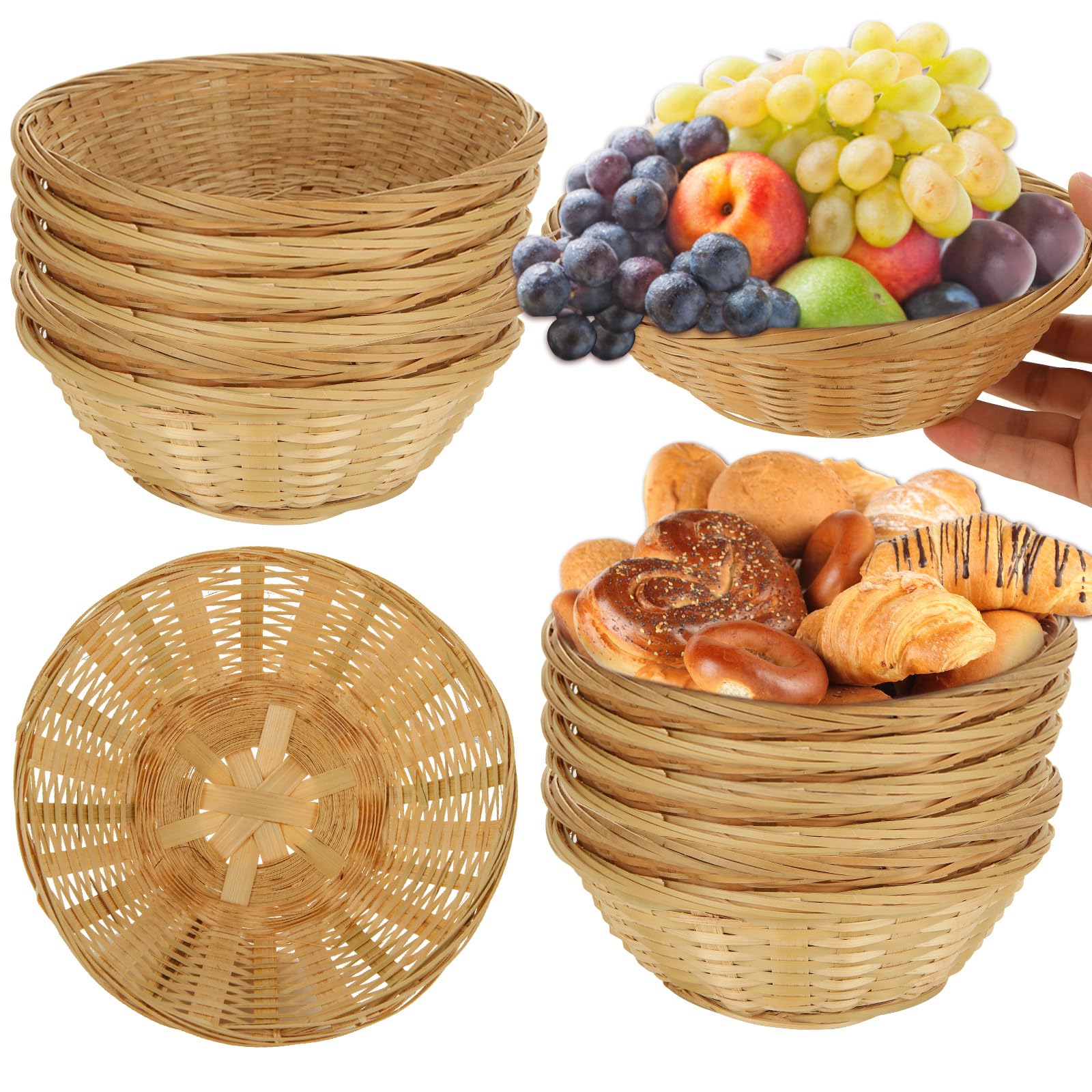 YAYODS 12Pcs Bamboo Bread Basket, 7.8 Inch Wicker Bread Basket for Table, Round Woven Food Basket for Fruit Vegetables Snacks, Small Wicker Storage Gift hamper Baskets