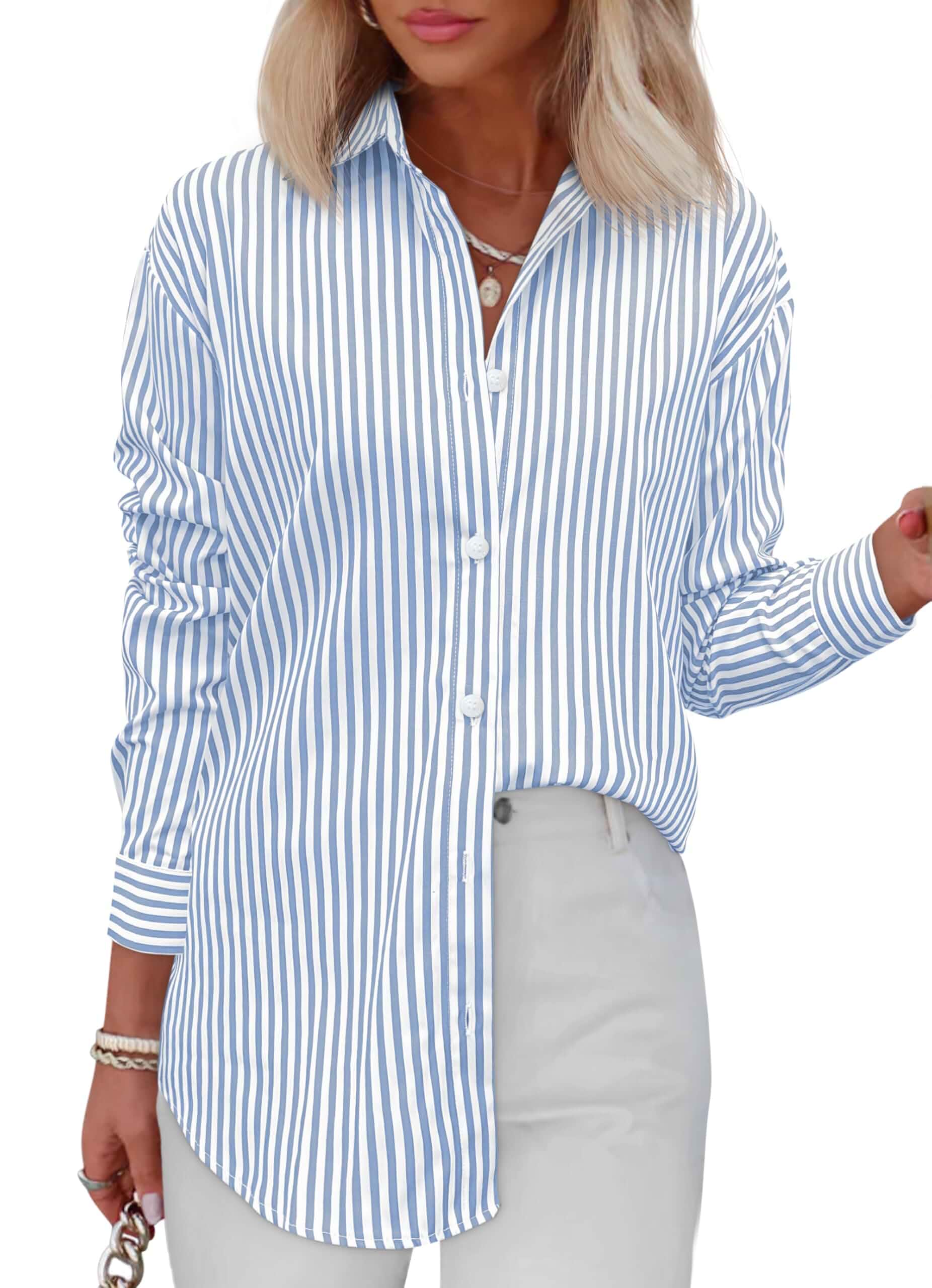 Diosun Womens Striped Button Down Shirts Classic Long Sleeve Stylish Collared Office Work Blouses Tops Striped