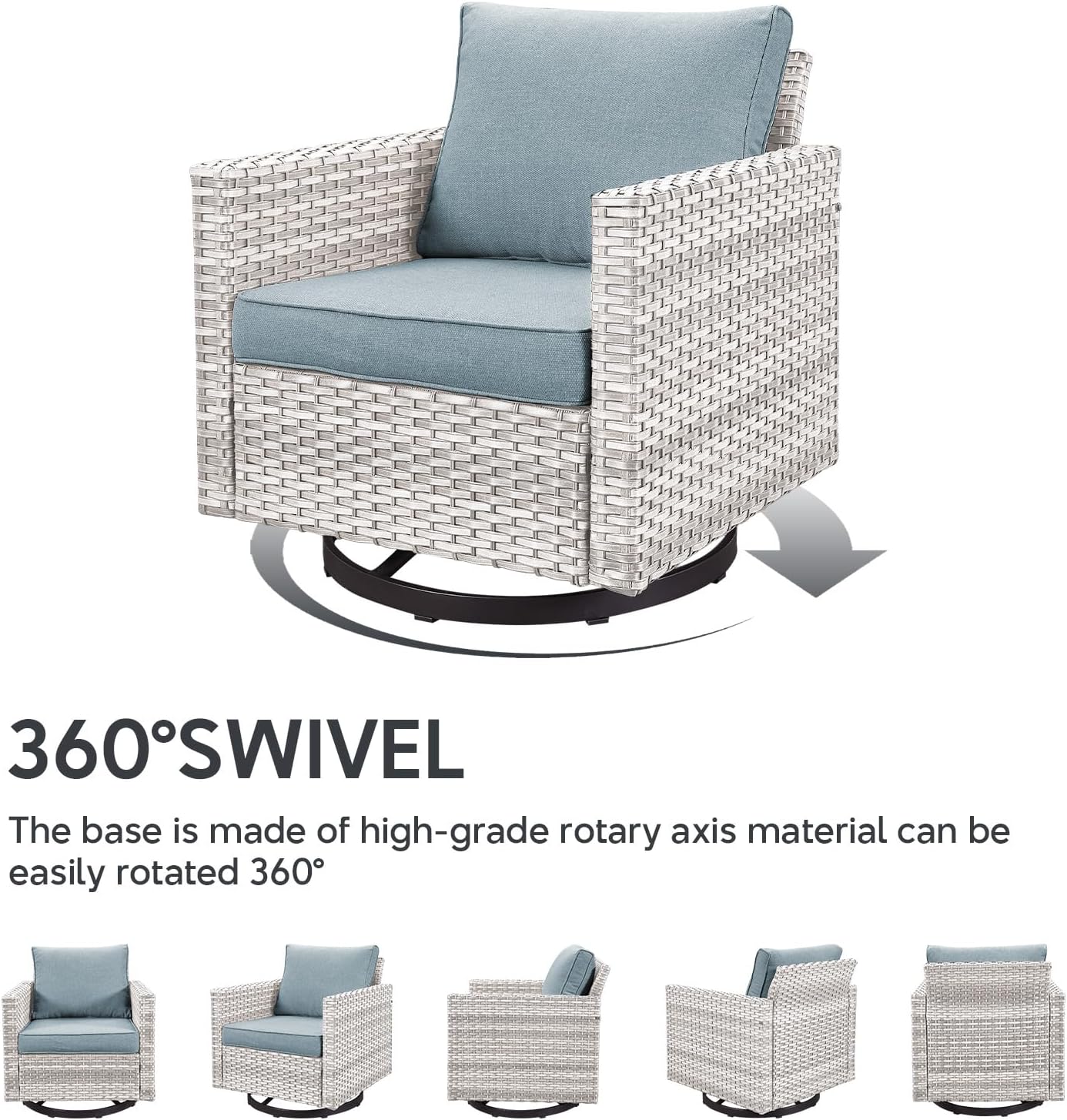 Patio Chairs Wicker Swivel Rocker Set of 2 - Heavy Duty Patio Furniture Set 350LBS Max Load Wicker Outdoor Swivel Glider Rocking Chairs for Porch Balcony Deck Poolside - Light Grey/Baby Blue