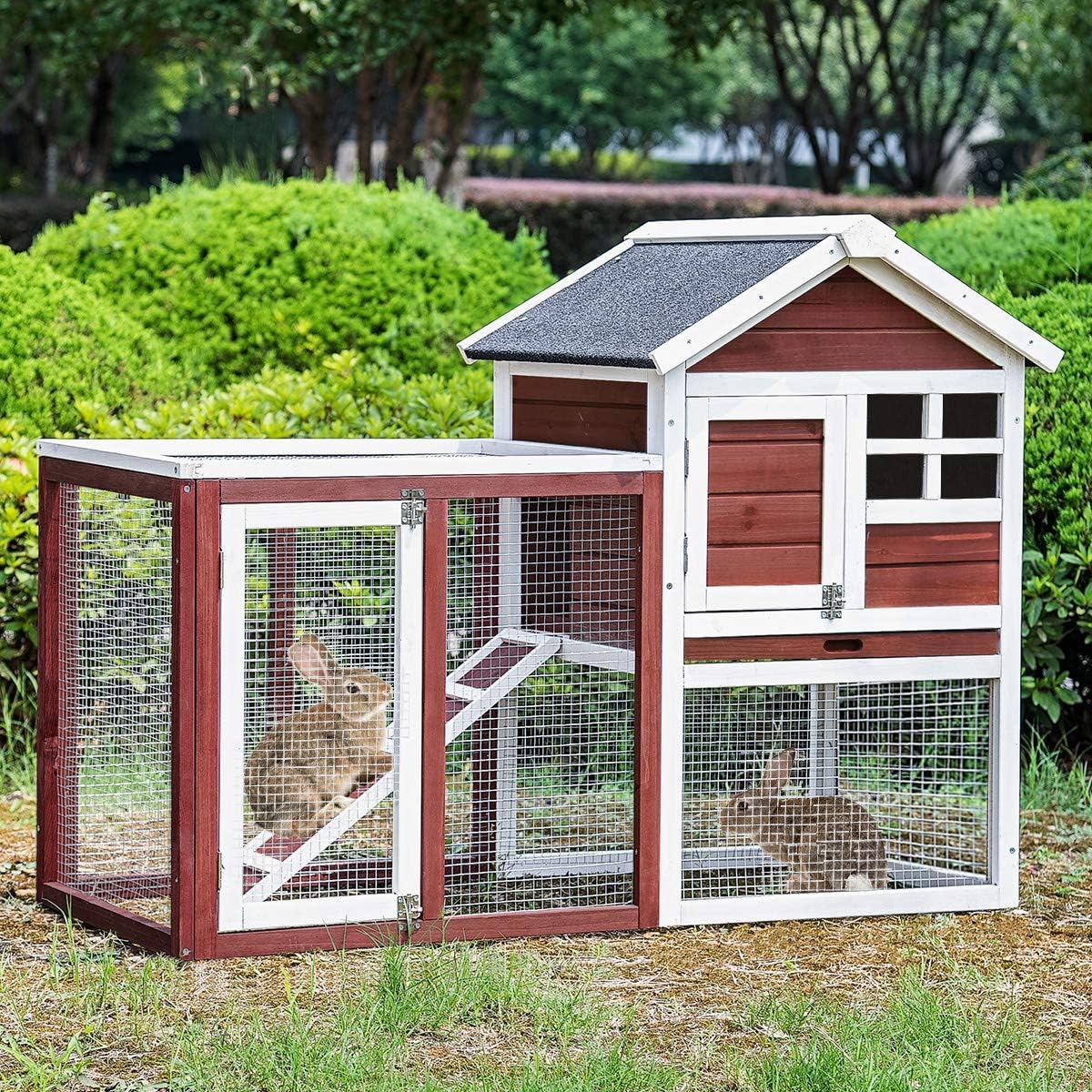 Leisure Zone Weatherproof Wooden Rabbit Hutch House with Outdoor Run, Bunny Hutch House Overall Size: L 118 x D 60.5 x H 92 cm