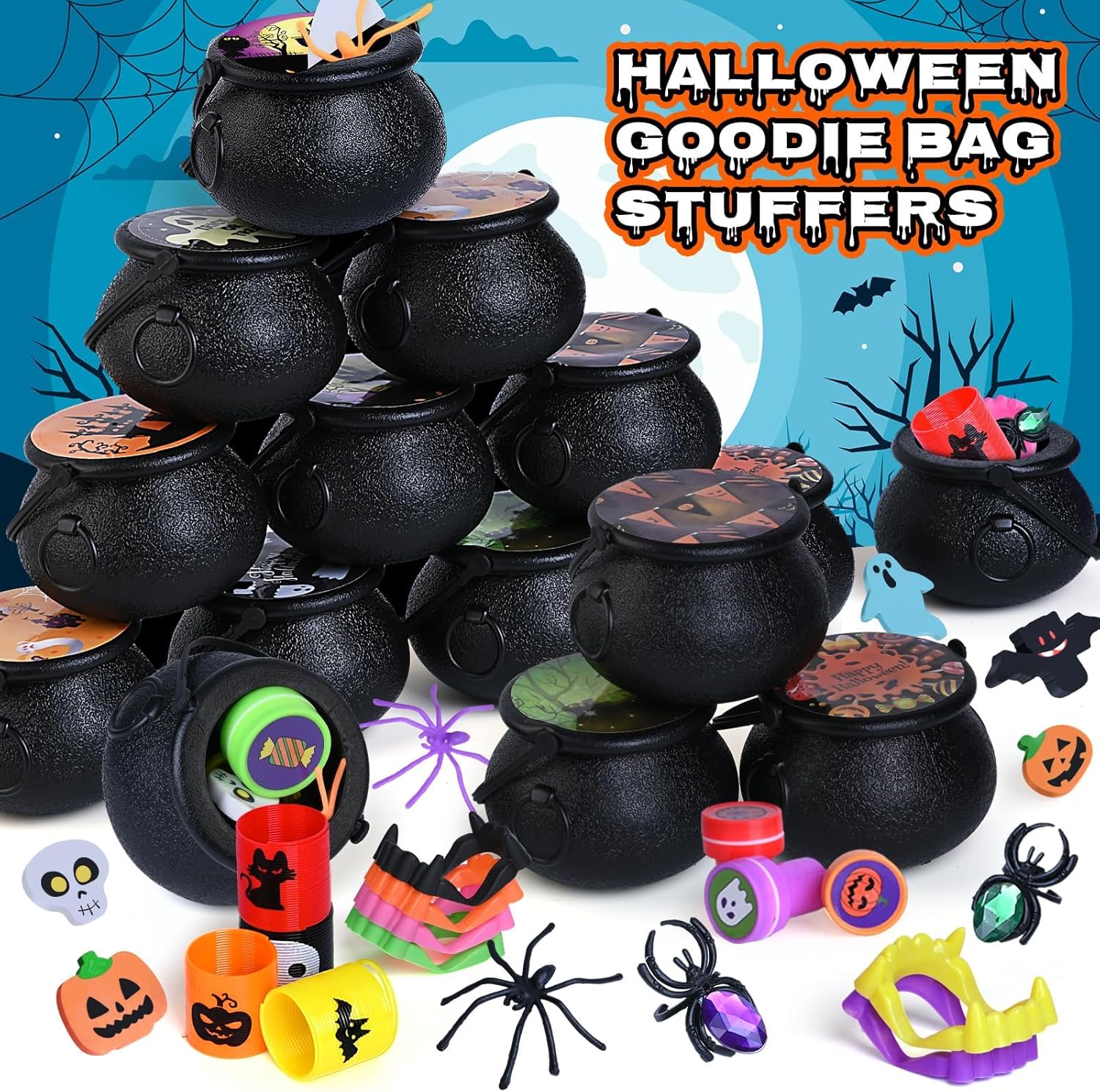 Halloween Party Favors Bulk for Kids, 72 Pack Prefilled Witch Cauldrons with Toys for Halloween Party Supplies, Halloween Goodie Bag Fillers, Miniatures Novelty Toys