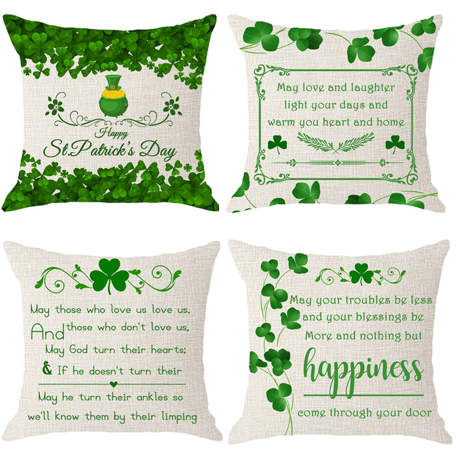NIDITW Pack of 4 Happy St Patrick's Day Irish Blessing Lucky Charms Four Leaf Clovers Cream Burlap Decorative Square Pillow Case Cover Pillowcase for Bedroom Sofa Party 18x18 Inch