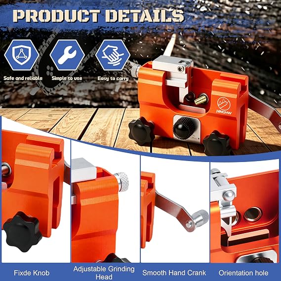 Chainsaw Sharpener Jig Portable Chain Saw Sharpener Tool with 6 Sharpening Heads Hand Crank Chainsaw Sharpening Kit with Gloves and Brush, Chainsaw Blade Sharpener Jig for 4-22 Chain Saws