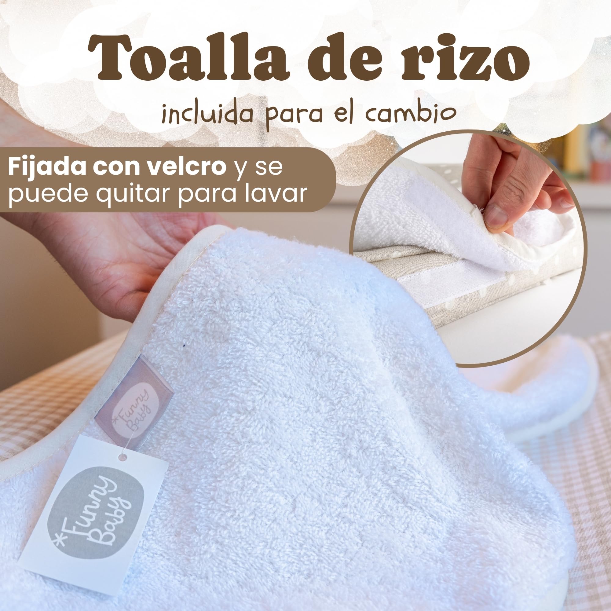 Funny Baby | Colchoneta Cambiador Bebé Impermeable 53x80 cm – Espuma Acolchada con Bordes Elevados, Funda Lavable y Toalla de Rizo – Cambiador para Cómoda Diseño Vichy Lino