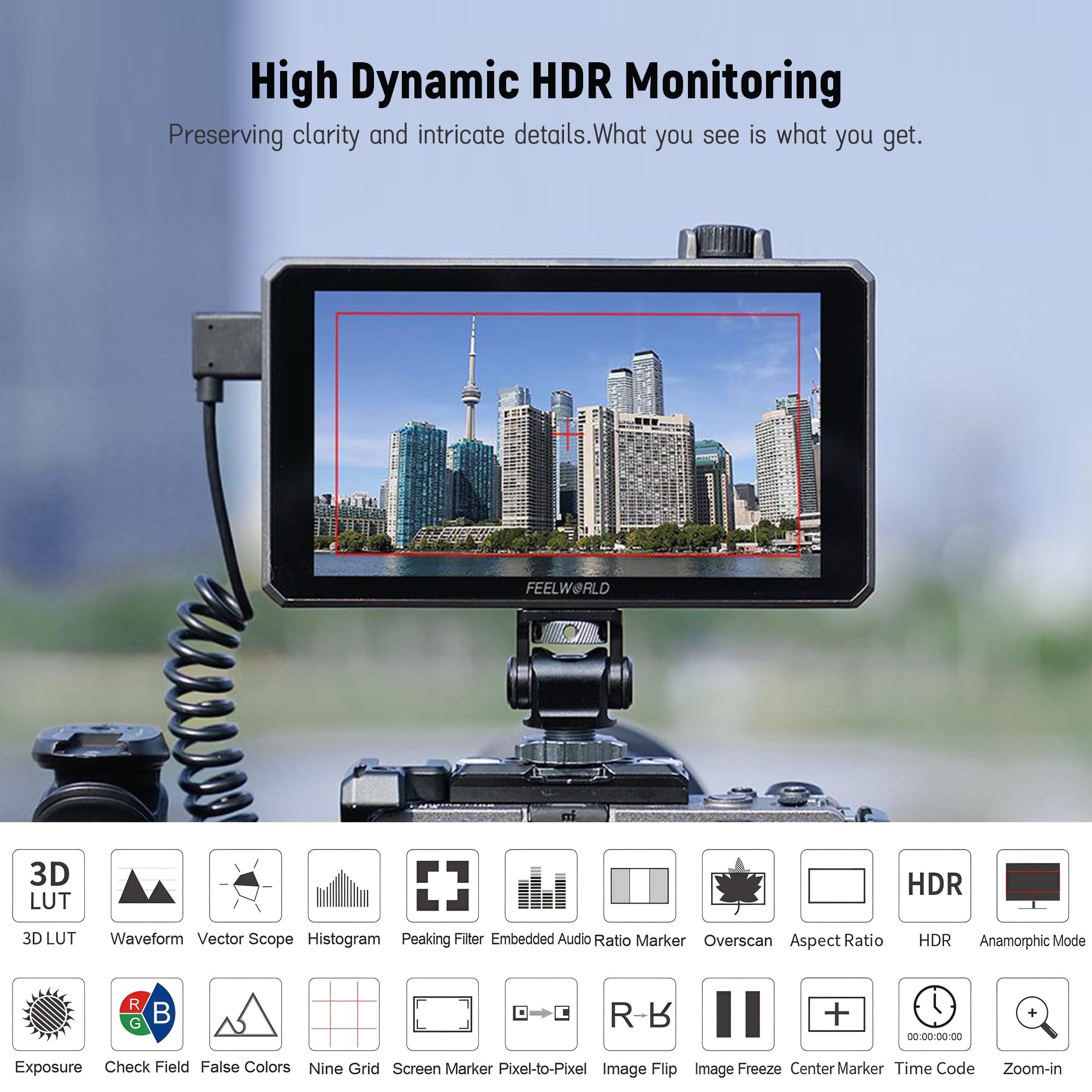 Feelworld SC6 6 Pollici Monitor di Terreno Touch Screen, 3D LUT, 1500nits,HDR,3G-SDI 4K HDMI DSLR Video Camera Monitor 1920x1080 Focus Peaking Histogramma