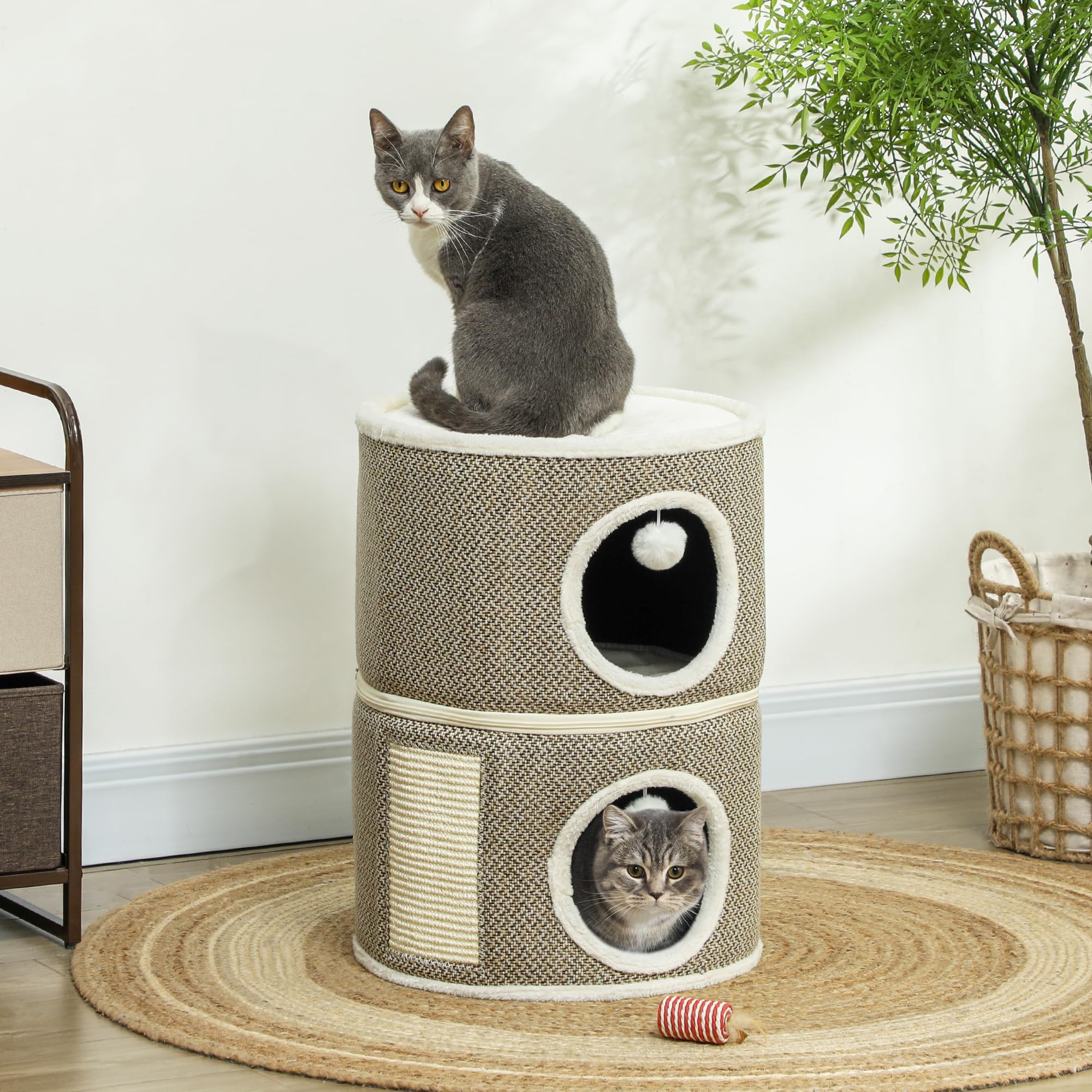 PawHut Tonneau à chat en sisal de 56 cm de haut avec grotte, arbre à chat, tour de chat, pour chat jusqu'à 5 kg, café