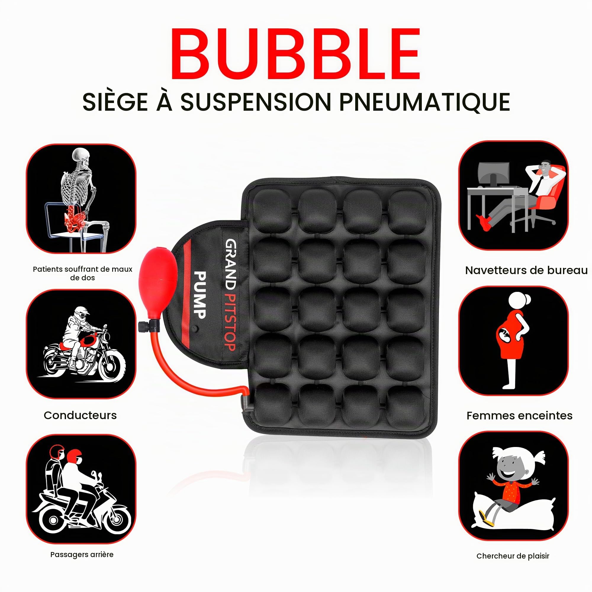 GRAND PITSTOP Coussin de siège gonflable de moto avec pompe de remplissage d'air, coussins d'air gonflables à bulles avec housse en maille respirante et fond antidérapant, compatible avec siège