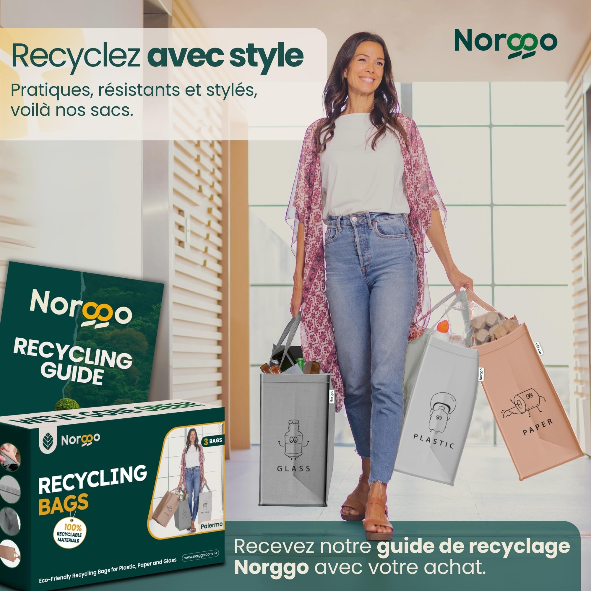 Poubelle tri selectif 3 bacs 40L - Sac tri selectif pour le plastique, le papier et le verre - Flexible poubelle de tri avec poignée - Bac de tri pour déchets et recyclage