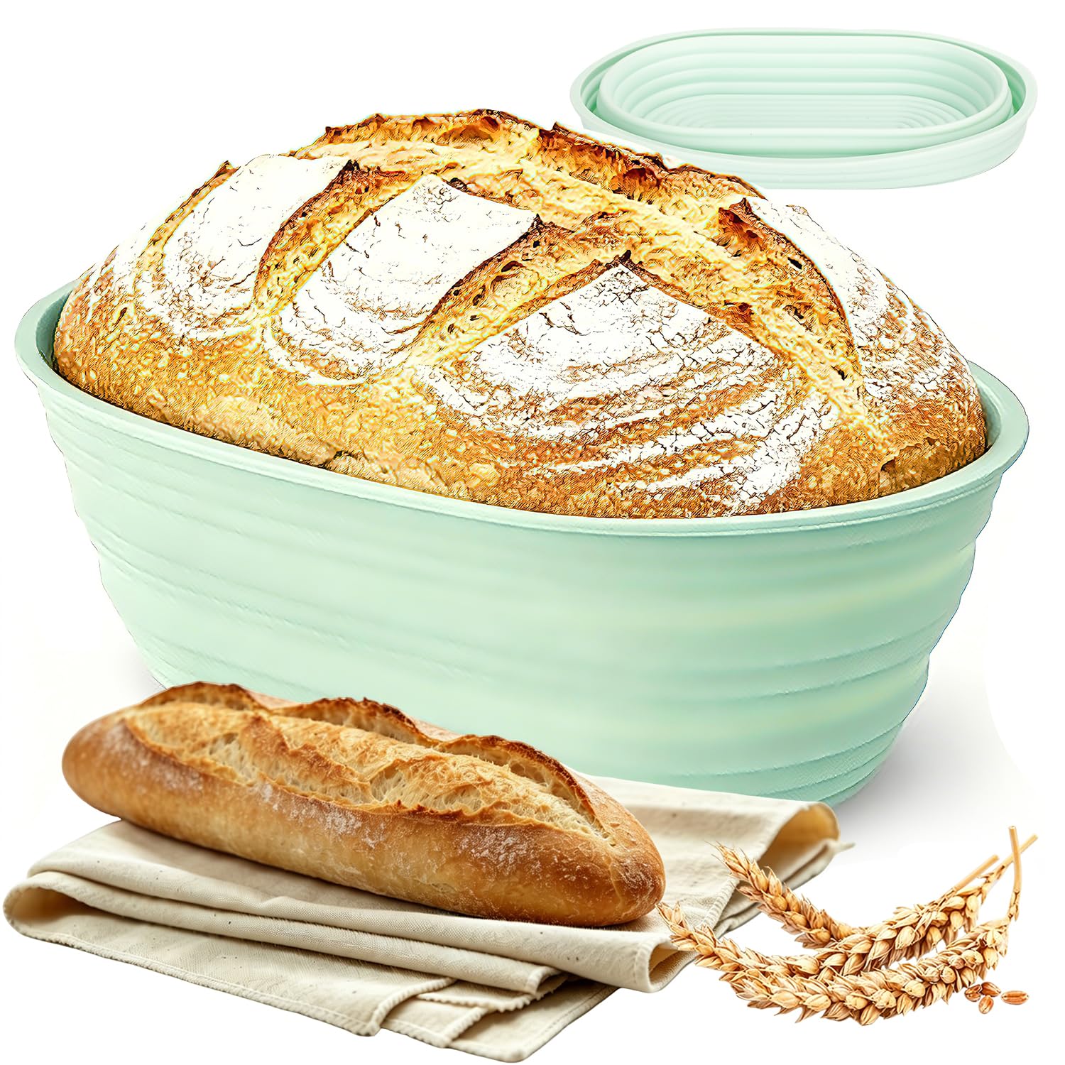 Sourdough Proofing Basket with Linen Cloth, 25cm Foldable Oval Silicone Banneton, Foldable Space Saving Dough Proofer for Artisan Bread Baking, Ideal Gift for Home Bakers