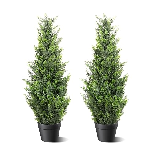 3FT Artificial Cedar Topiary Trees 2 Set, Realistic Fake Cypress