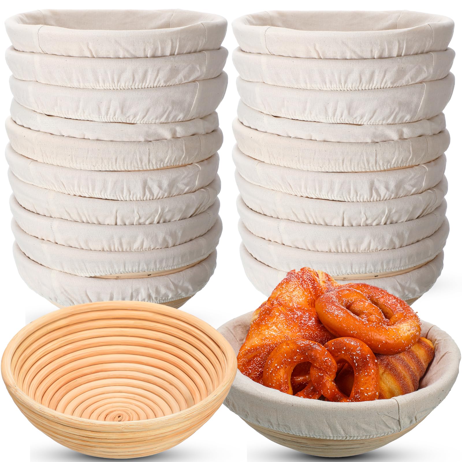 Gejoy Juego de 20 cestas a prueba de pan a granel de 9 pulgadas de forma redonda Banneton para masa con forro de tela, cesta de prueba de masa madre para el hogar, suministros de panadería de masa