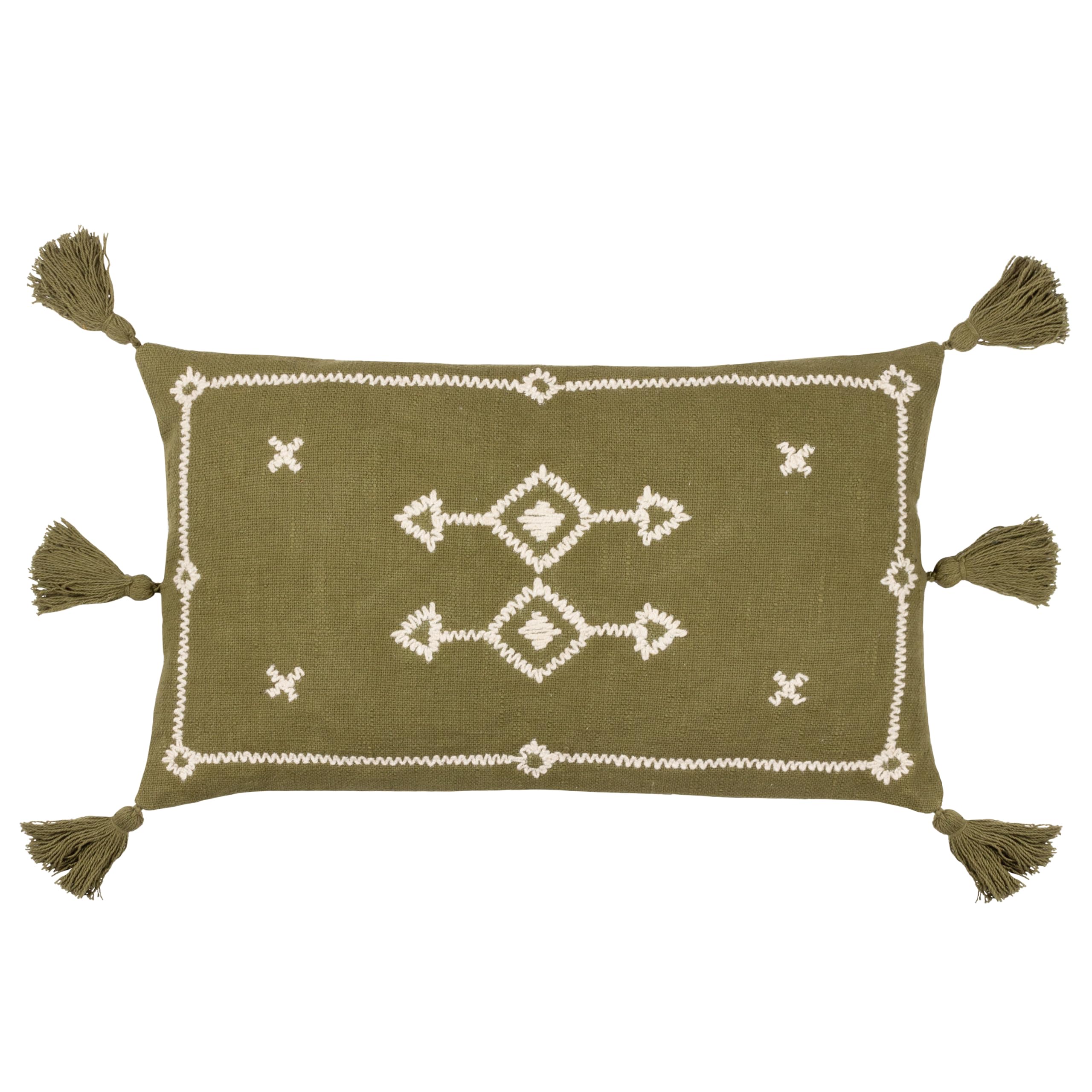 Yard Khaki Furn Folis Embroidered Cushion Cover – Global Geometric Embroidered Cotton Tasselled Edges Hidden Zip ( – 50 X 30 Cm)