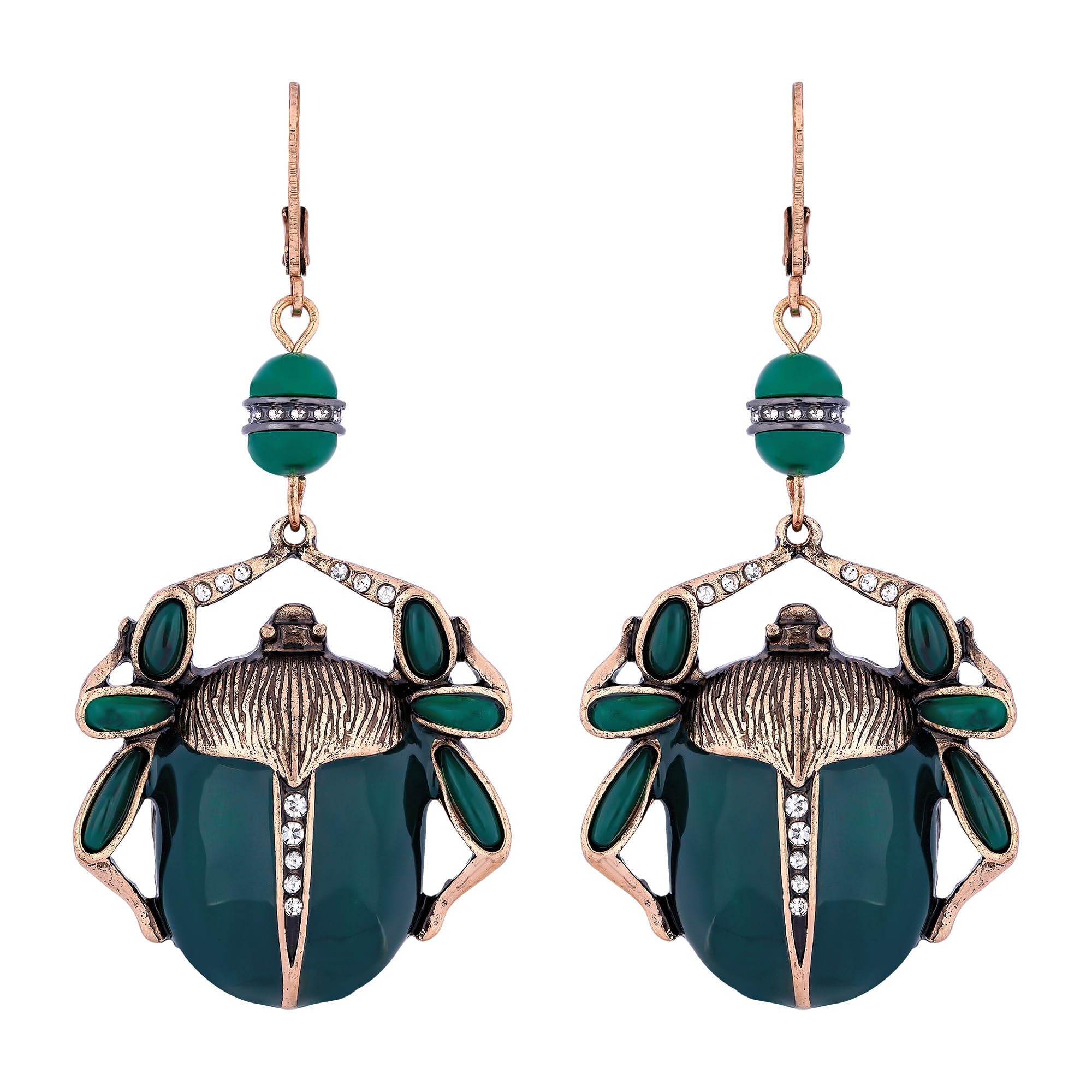 Beetle Earrings - Green Enamel Scarab Dangle Earrings - Unique Vintage Egyptian Bug Jewelry for Women with Gothic and Halloween Charm