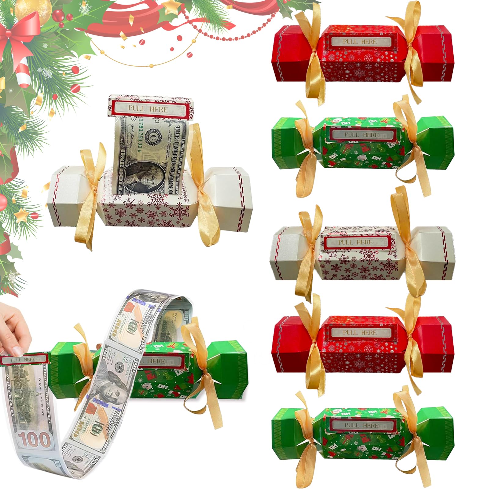Christmas Surprise Money Pull Pouch, christmas crackers diy supplies, Cute Holders Envelope for Cash, Xamas Surprise Money Gift Candy Box Funny (5 Pcs)