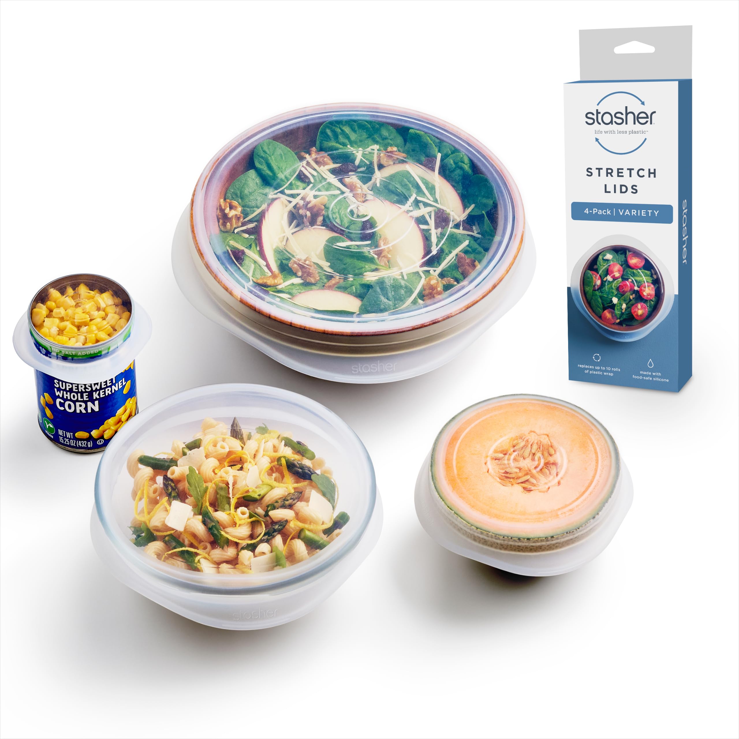 Stasher Premium Reusable Silicon Stretch Lids Variety 4-Pack, Clear, 9”, 6.5”, 4.5”, 2.5” | Airtight Seal | Food Container Covers | BPA Free, Leak-free, Dishwasher Safe, Microwave Safe, Eco-Friendly