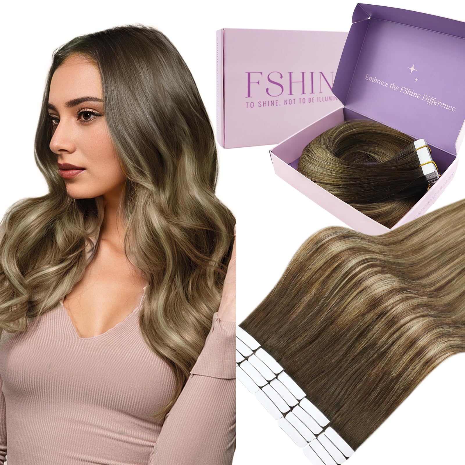 Fshine Extensiones Adhesivas Pelo Natural 20 Pulgadas 50g Cabello Humano Marrón Claro Balayage Rubio Y Marrón Claro Cinta 20Pcs Liso Color 6 60 6 — view 20