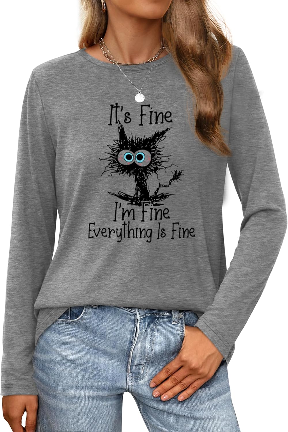 Long Sleeve T Shirts for Women Cute Cat Graphic Tees I‘m Fine Everything is Fine Tops Fall Crewneck Blouse Casual Outfits