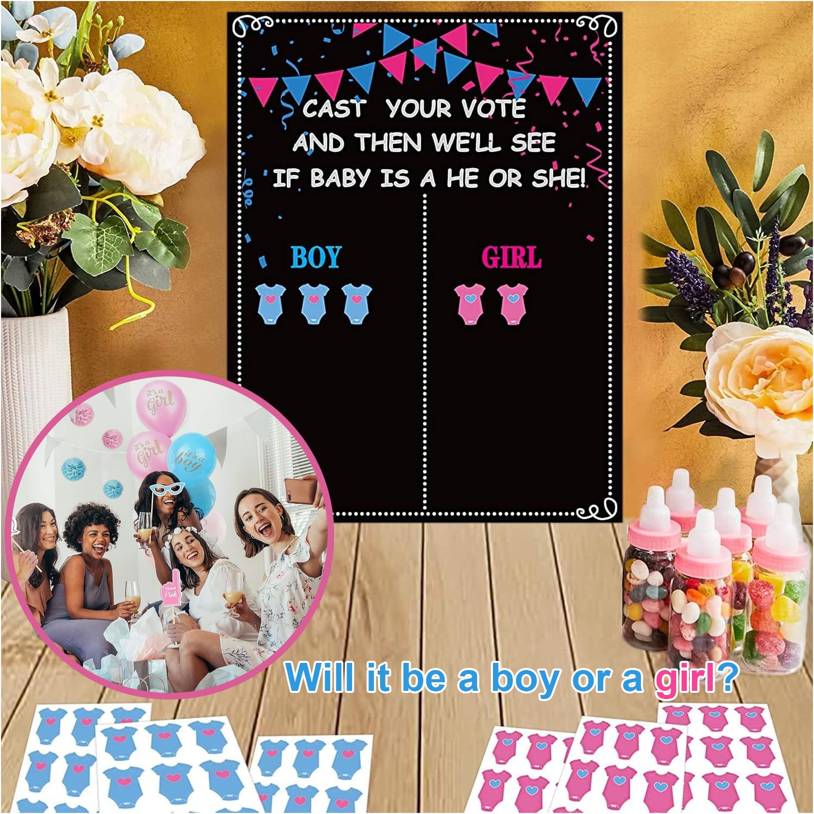 48 Autocollants Gender Reveal – 24 Rose + 24 Bleu – 4 Cm – Papier Doré, Pour Baby Shower