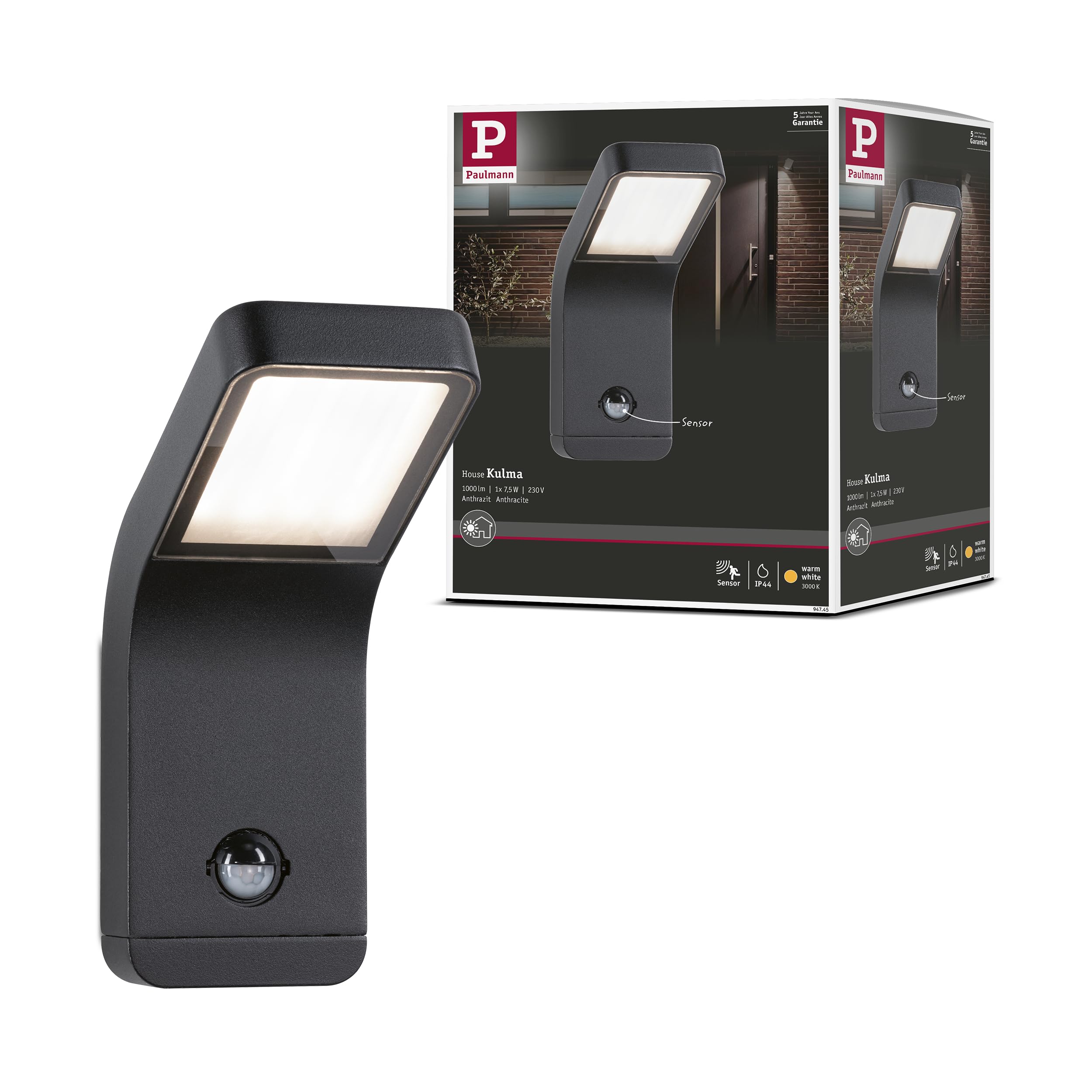 Paulmann 94745 LED outdoor wall luminaire Kulma motion sensor seawater resistant IP44 90x174mm 3000K 7.5W 500lm 230V anthracite aluminium warm white