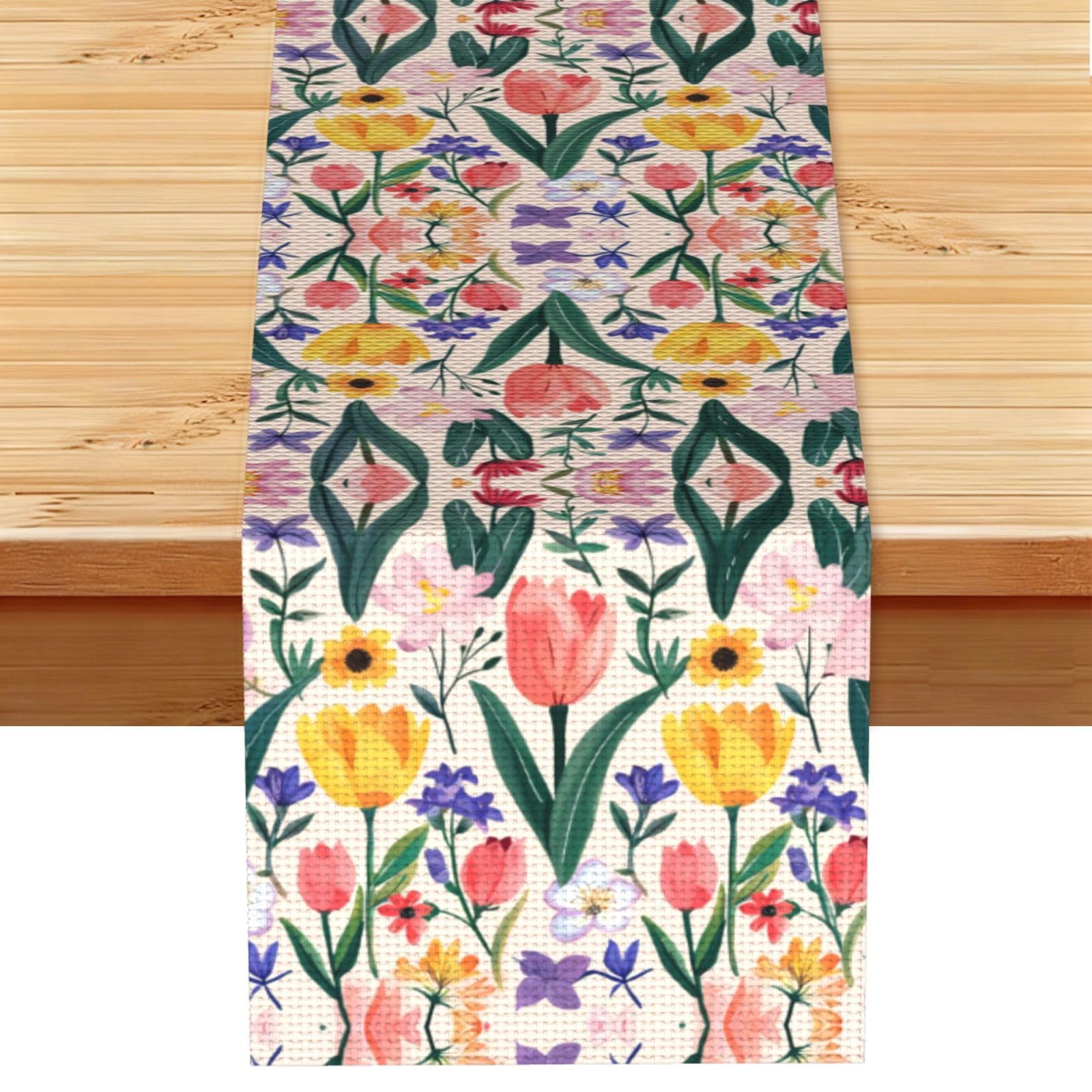 Delicate Pink Purple Tulip Printed Table Runner 13 x 72, Wrinkle Resistant Decor for Dining Table Coffee Table Fireplace