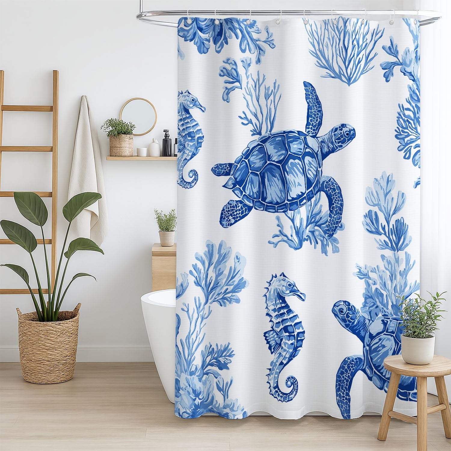 Generico Fantasia Tenda Da Doccia Calmo Mondo sottomarino Blu Bianco, Tenda Da Doccia Per Bagno, Vasca Da Bagno, Tenda In Poliestere Impermeabile Con Ganci In Plastica, 180 x 180 cm