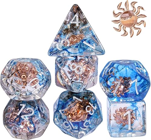 UDIXI Juego de dados poliédricos de 7 piezas, juego de dados DND de 7 troqueles rellenos con ojo de sol para juegos de rol como juegos de mesa MTG