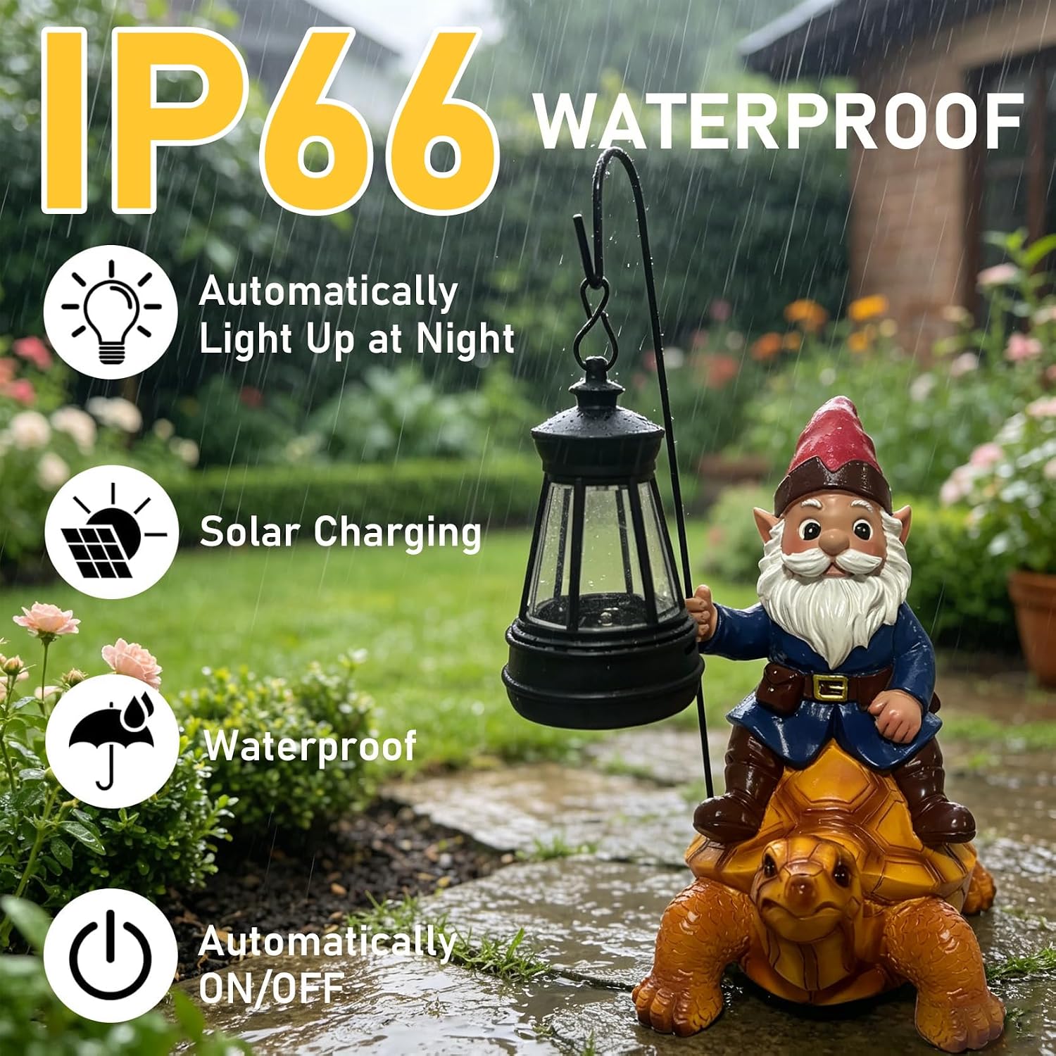 Garden Gnome Decoration, Funny Resin Solar Gnome Statue for Lawn Patio Yard Outdoor Decor, Turtle Riding Gnome Figurine with Lantern, Gift for Women and Men (Gnome-F)
