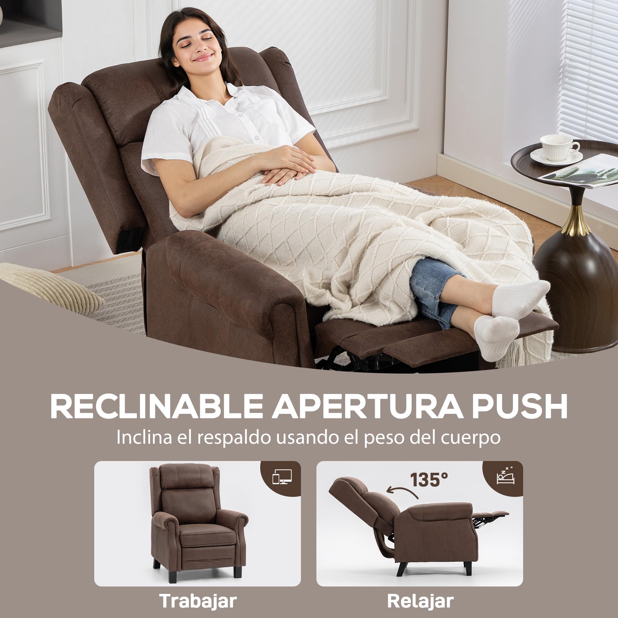 HOMCOM Sillón Relax Reclinable Manual con Apertura Push Reposapiés Marrón | Sillón Relax de Cuero Sintético, Respaldo Alto, Acolchado Grueso, Butaca Reclinable hasta 135º, para Salón, Dormitorio