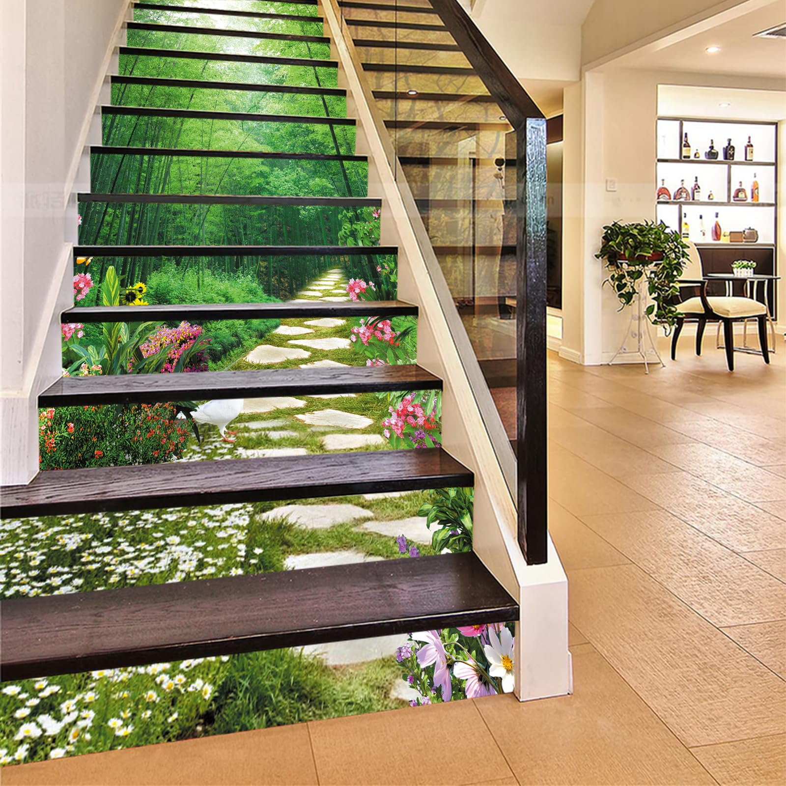 FLFK 13Pcs Stair Risers Stickers Peel and Sick 39.37"x7.08",Self-Adhesive Staircase Stickers Decals, Spring Bamboo Forest Landscape Mural Wallpaper for Stair Steps