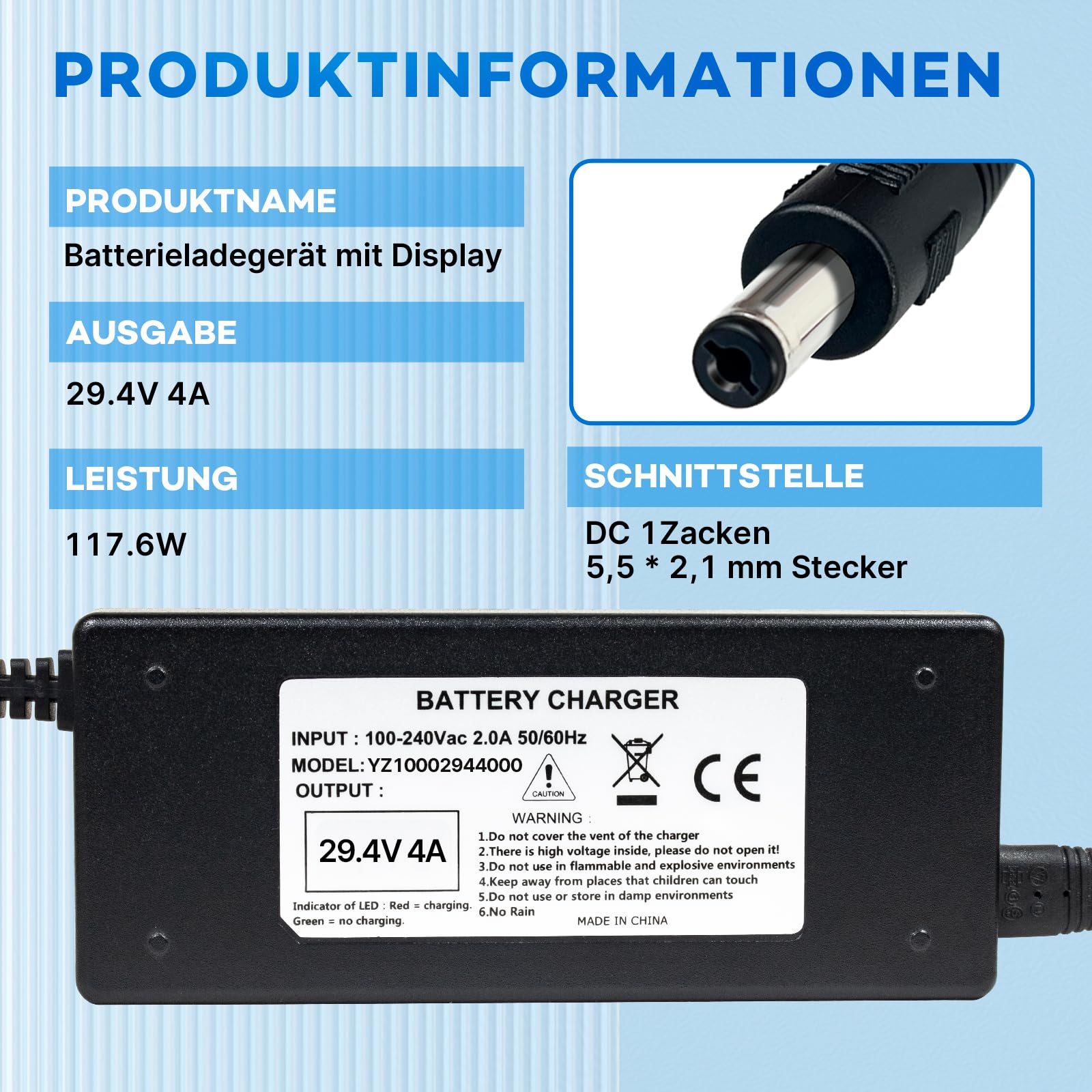 Ładowarka litowa 24 V do elektrycznego wózka inwalidzkiego skuter elektryczny rower elektryczny 29,4 V 4 A AC szybkie ładowanie, chłodzenie wentylatora DC1, otwór 5,52,1 mm