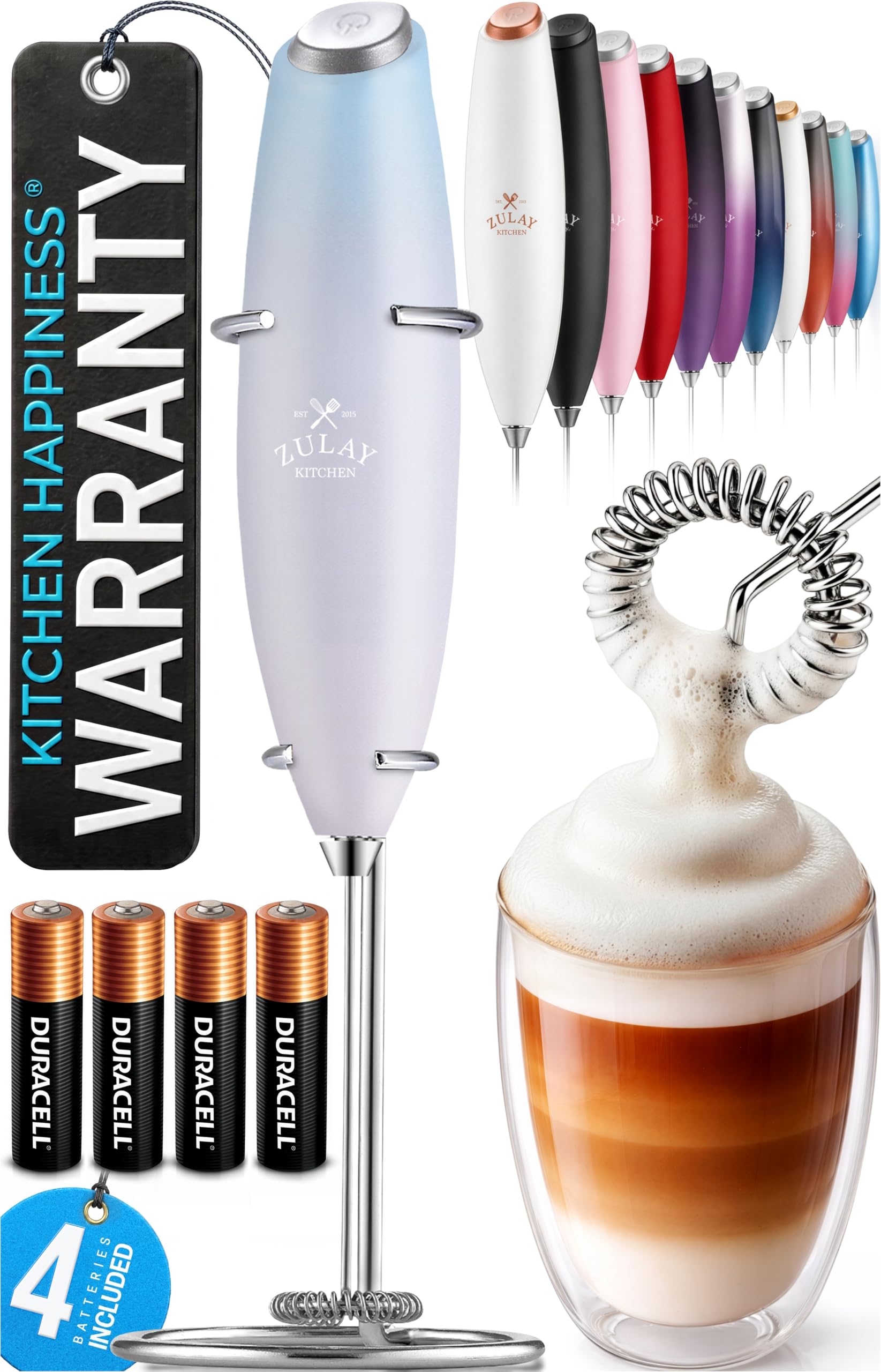 Zulay Kitchen Powerful Milk Frother Wand With Duracell Batteries - Ultra Fast Handheld Drink Mixer - Electric Whisk Foam Maker for Coffee, Lattes, Cappuccino &amp; Matcha - Z1 Motor - Cloud