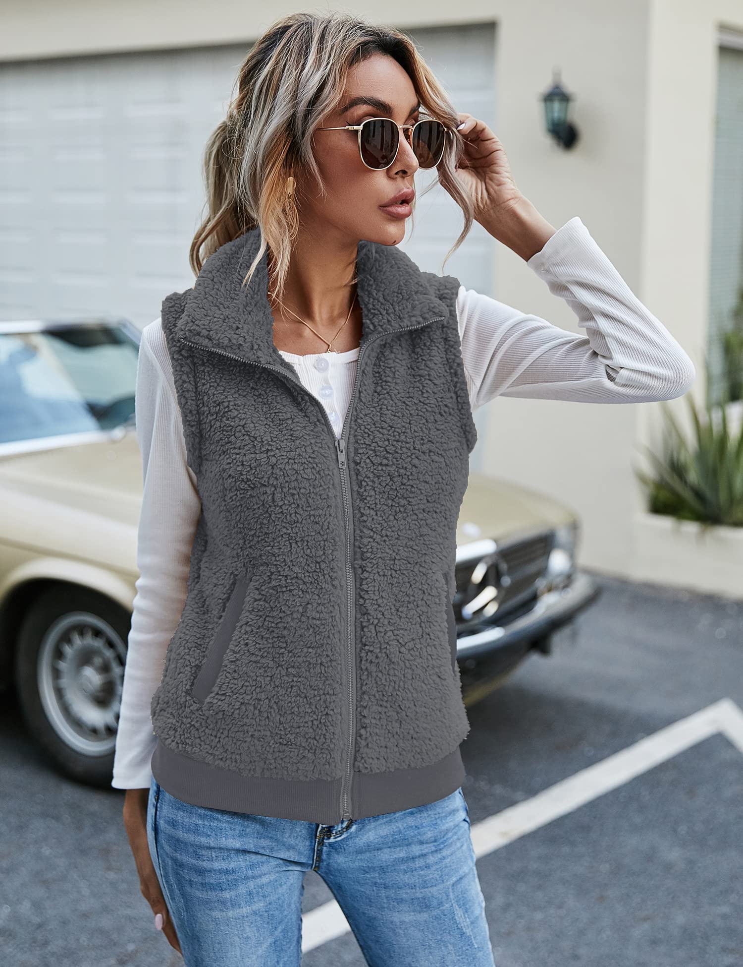IECCP Teddy, gilet da donna in pile, caldo, senza maniche, per autunno e inverno, casual, leggero, con colletto alto