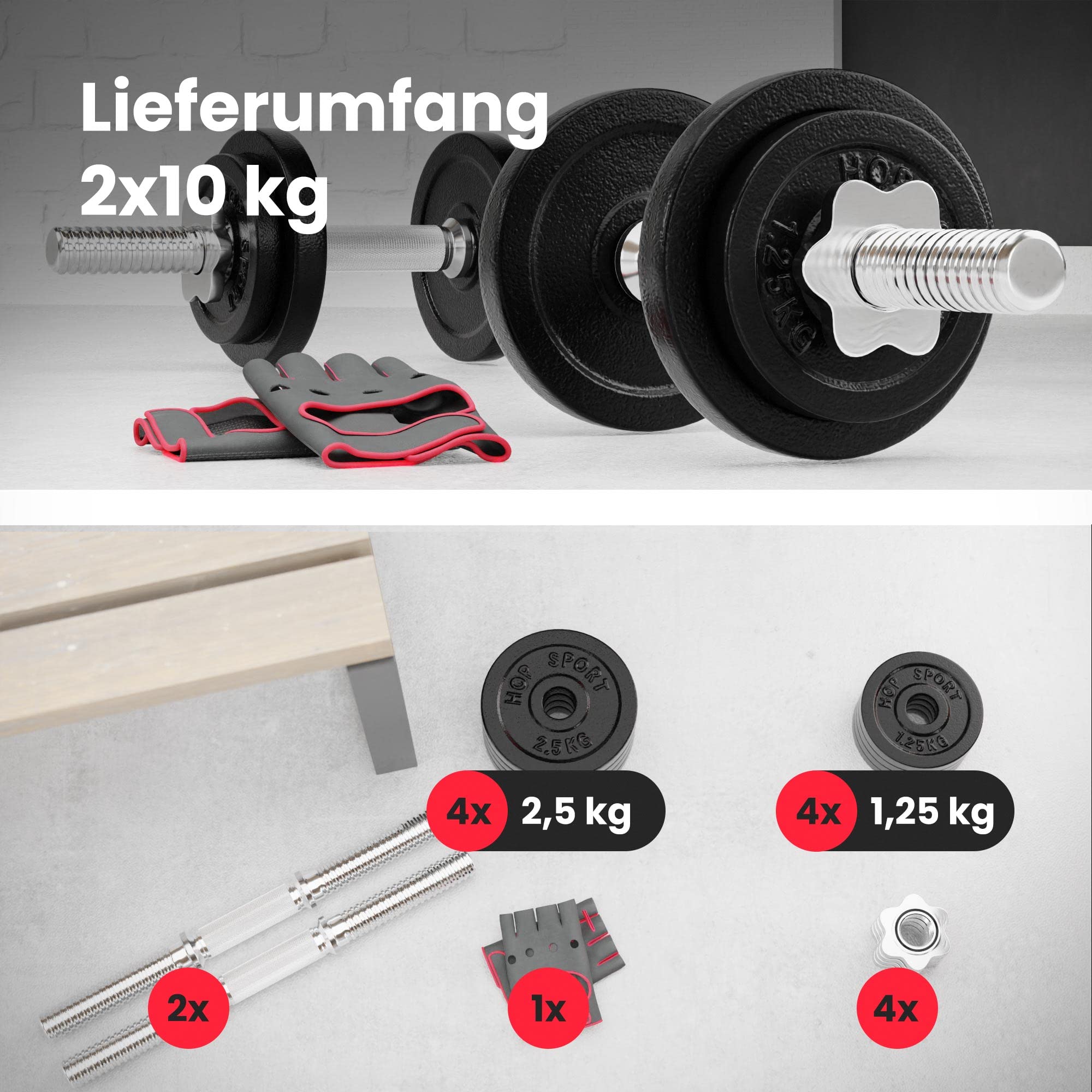 Hop-Sport Gusseisen Hantelscheiben Set 10kg bis 60kg mit 31 mm Lochdurchmesser, Neopren Handschuhen, Ideal für Standard 30mm Langhantelstangen, Robuste Gewichtsscheiben für Fitness- und Krafttraining