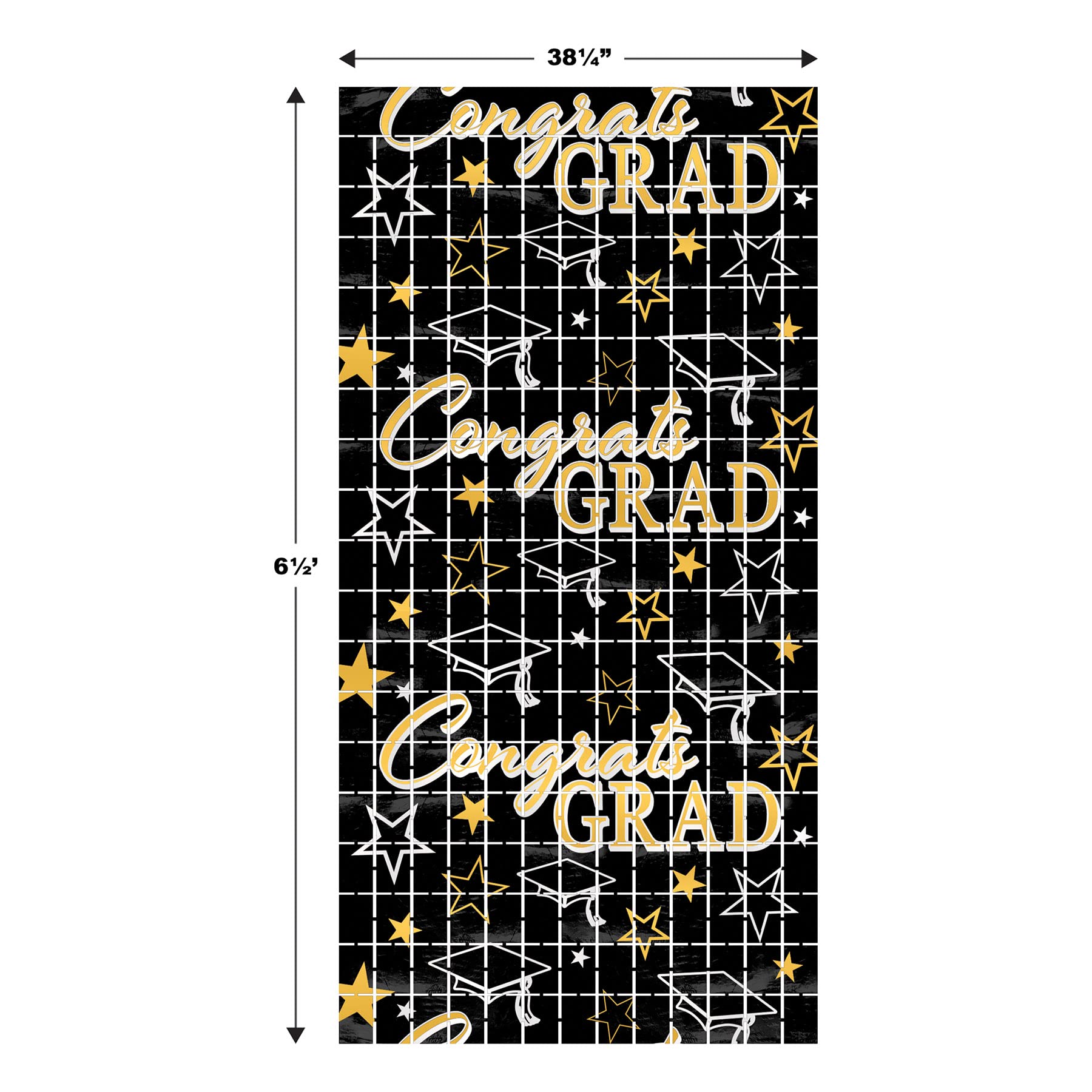 Beistle 56029 Felicidades Grad - Cortina de plástico metálico con Flecos Cuadrados para decoración de Fiesta de graduación, Negro/Dorado/Plateado