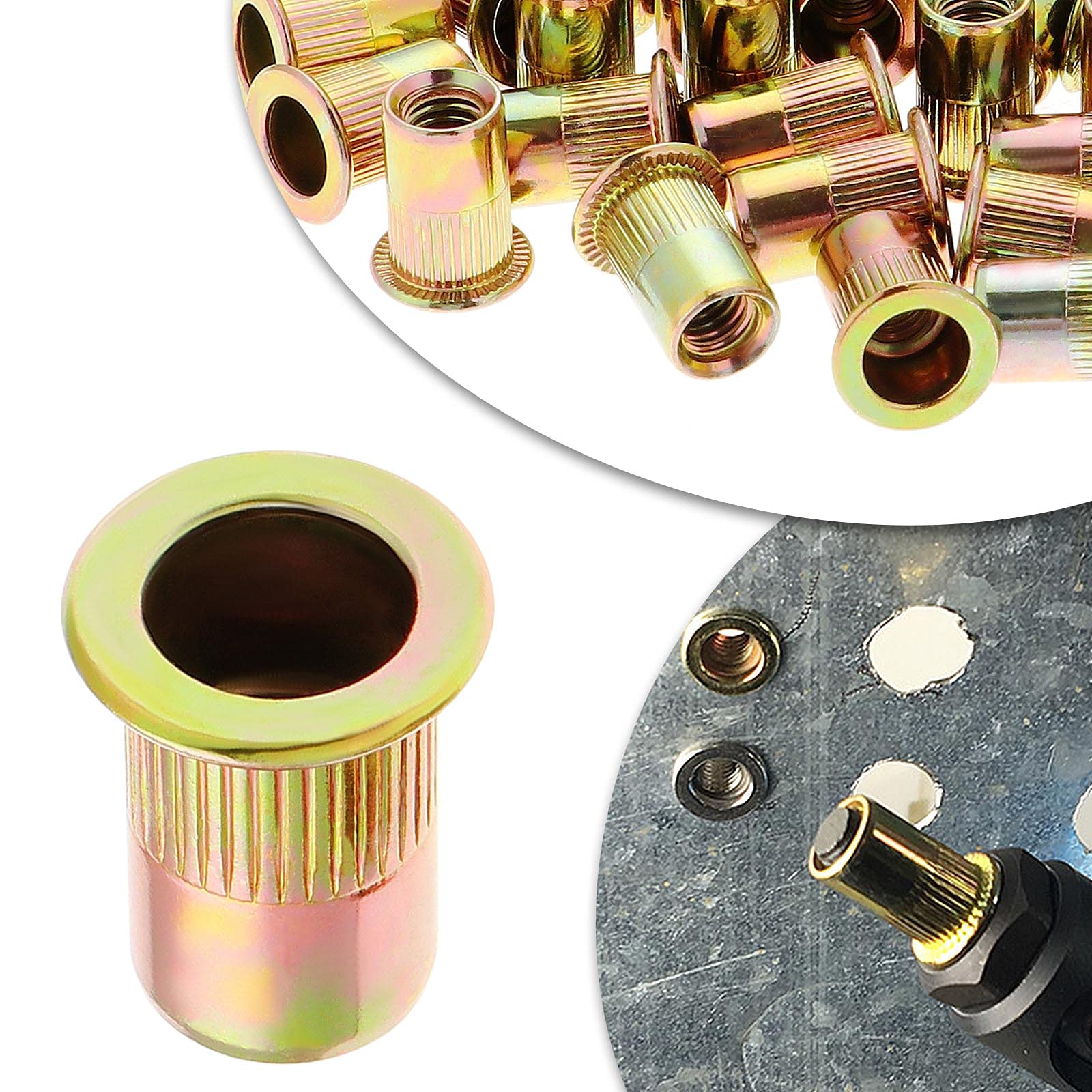 Gueenky 100 Pezzi Dadi Rivetti Filettati in Acciaio Carbonio Zincato, M10 Dadi Filettati con Testa Piatta, Assortimento dadi Inserti Filettati Mobili in Legno (17 mm x 21 mm)