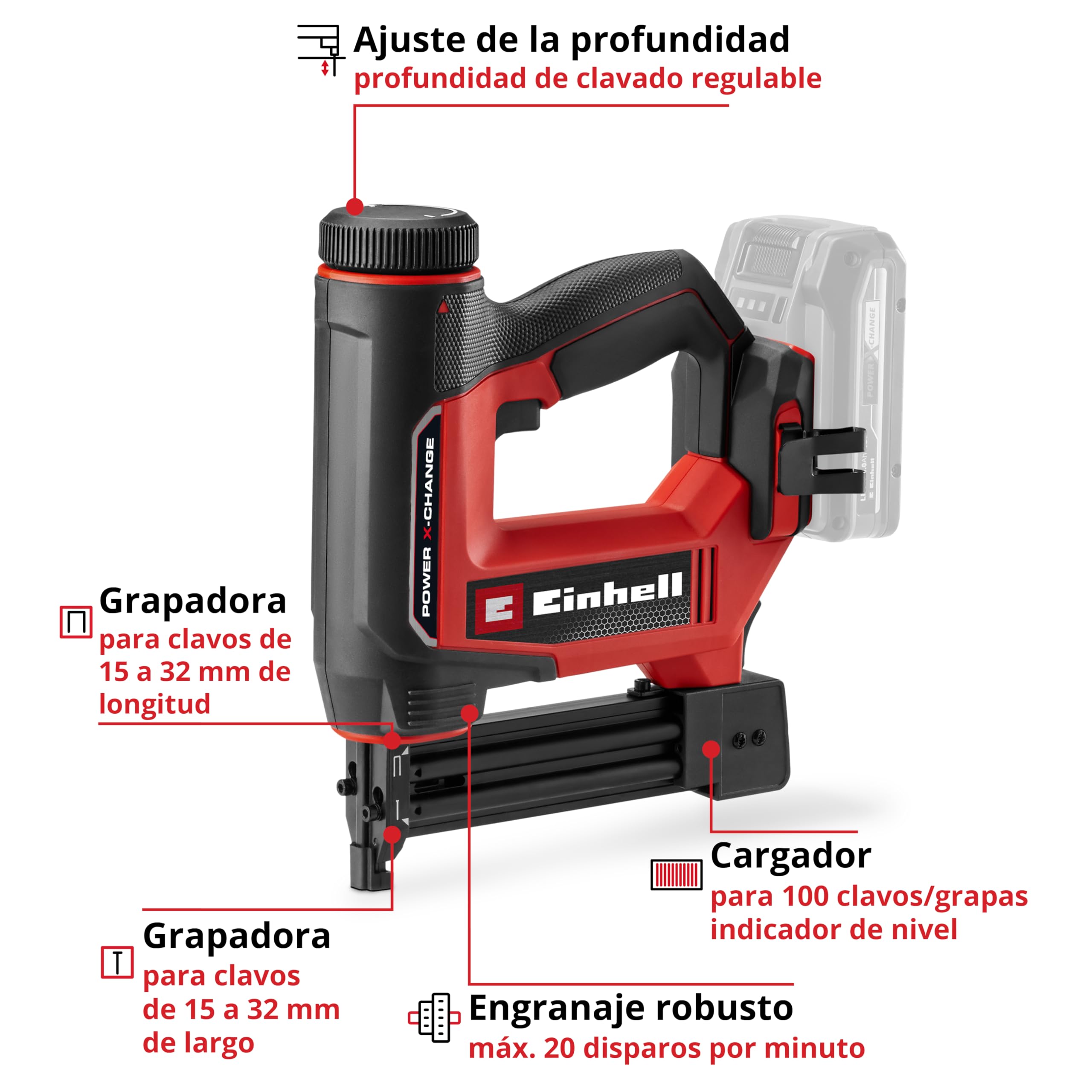 Einhell Grapadora/clavadora con batería TE-CN 18/32 Li - Solo Power X-Change (18 V, 20 tiros/min, máx. 25 mm de grapa, máx. 32 mm de clavo, incl. 300 clavos/grapas, sin batería)
