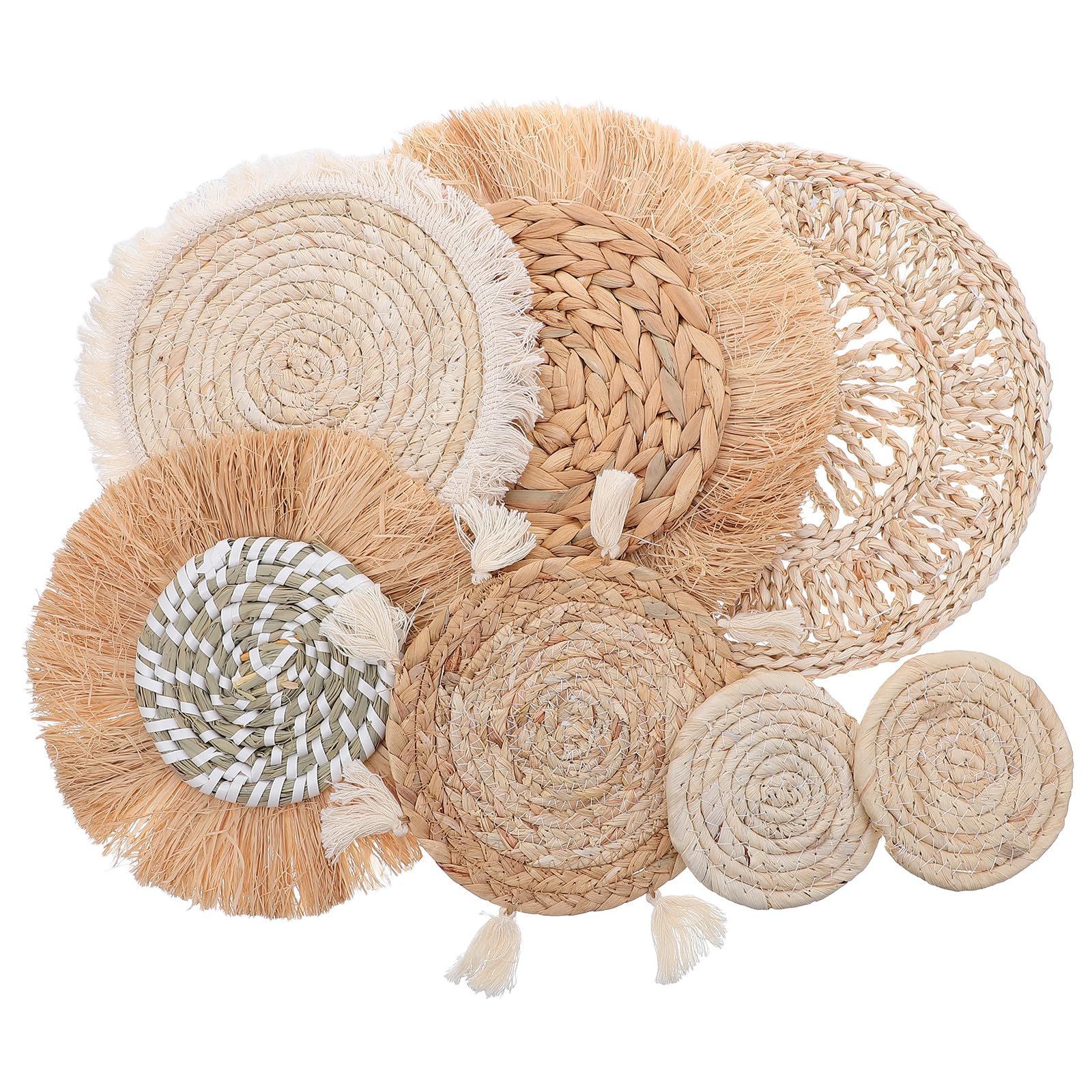 CIMAXIC 7-częściowe boho-ozdobne kosze ścienne, okrągłe, płaskie, ręcznie tkane, wisząca dekoracja w stylu wiejskim, z frędzlami makramy - dekoracyjna gobelinowa dekoracja stołu weselnego w sypialni