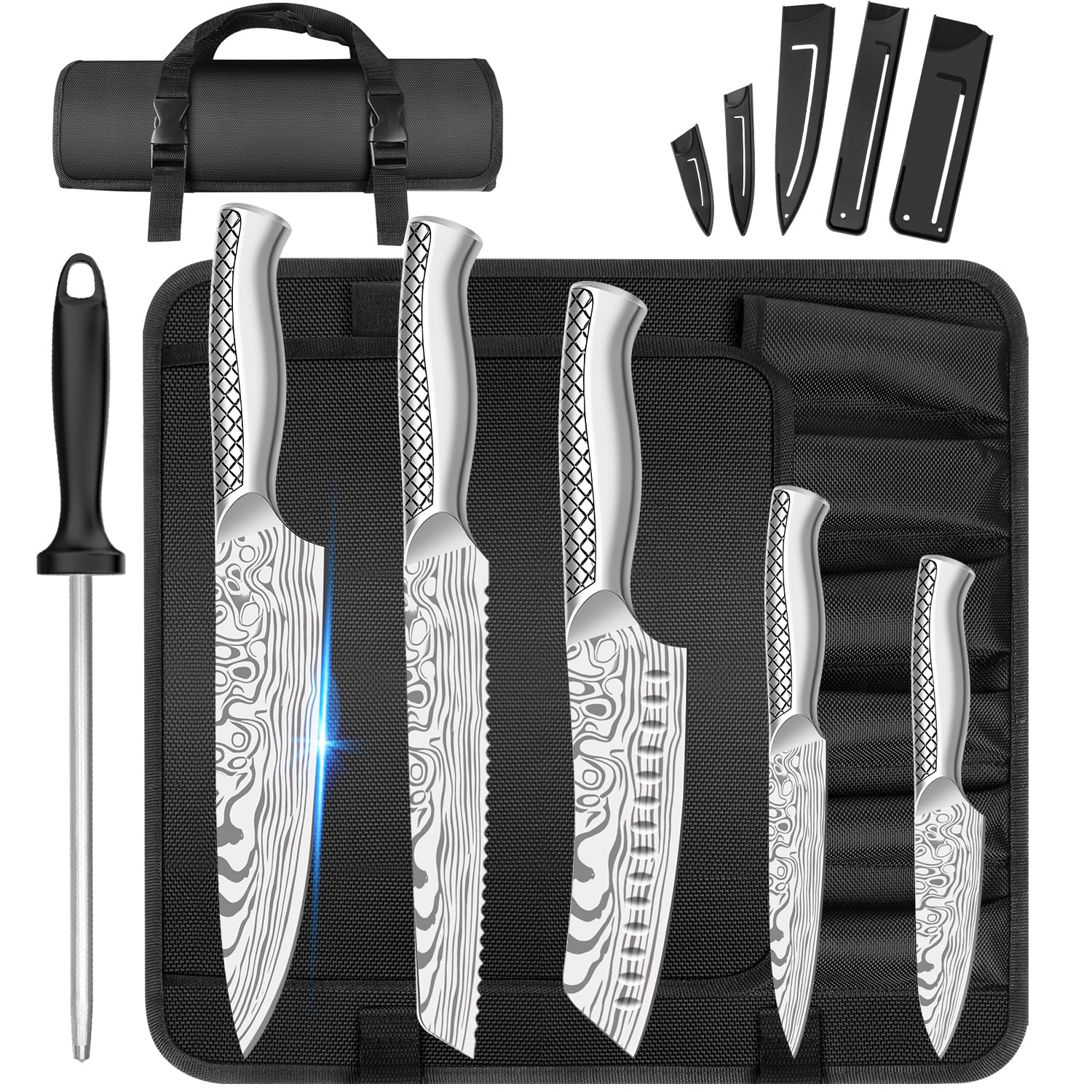 MOSFiATA Chef Knife Set with Roll Bag 5 Pcs Professional Kitchen Knife Set