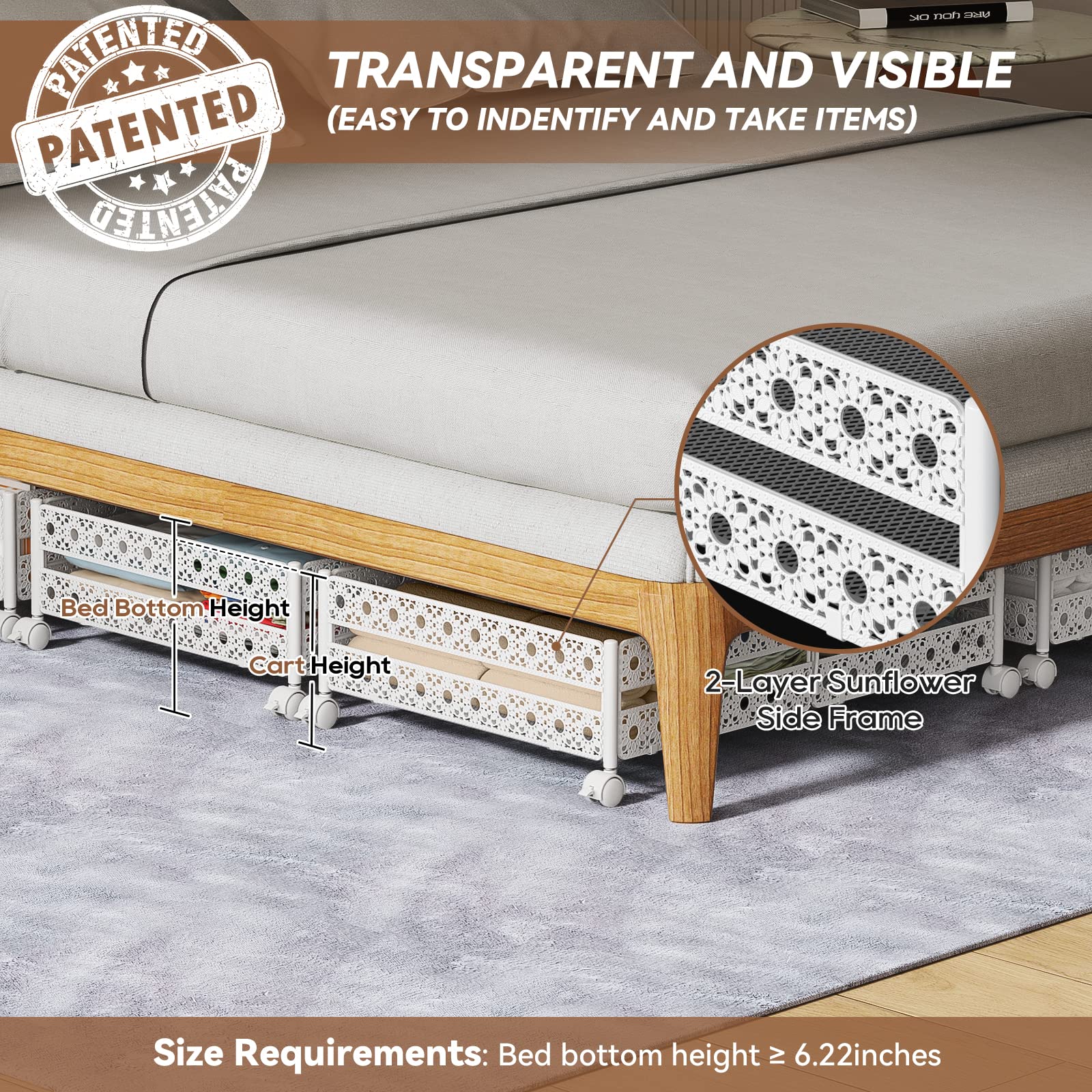 Under Bed Storage, Under the Bed Storage Containers with Wheels, Under Bed Shoe Storage Organizer Drawer, Tool-free Assembly Metal Underbed Storage Containers for Bedroom Clothes Shoes Blankets-2 Pack