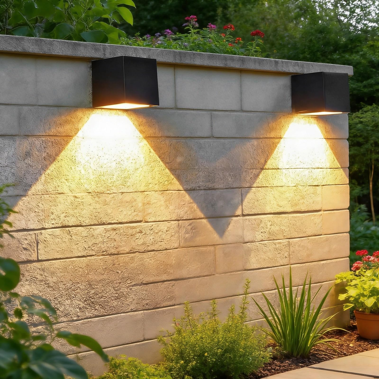 Lot de 2 appliques murales solaires d'extérieur à LED, alliage d'aluminium, appliques murales solaires étanches, blanc chaud/RVB, pour terrasse, jardin