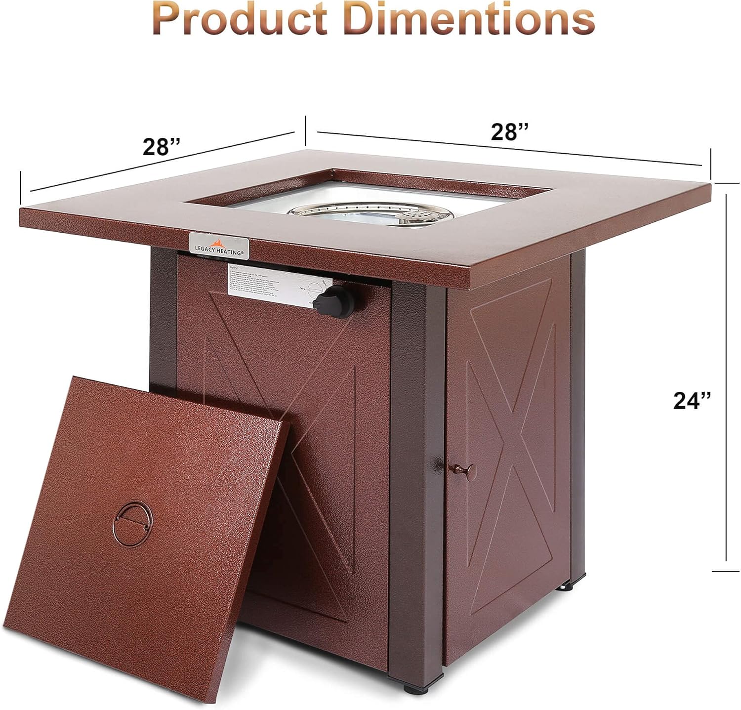 LEGACY HEATING Propane Fire Pit Table 28" Outdoor Gas Fire Pit Table, 50000 BTU 28 inch Square Fire Table with Lid & Lava Rock, Brown Texture, for Outside Patio Yard Party Garden and Lawn