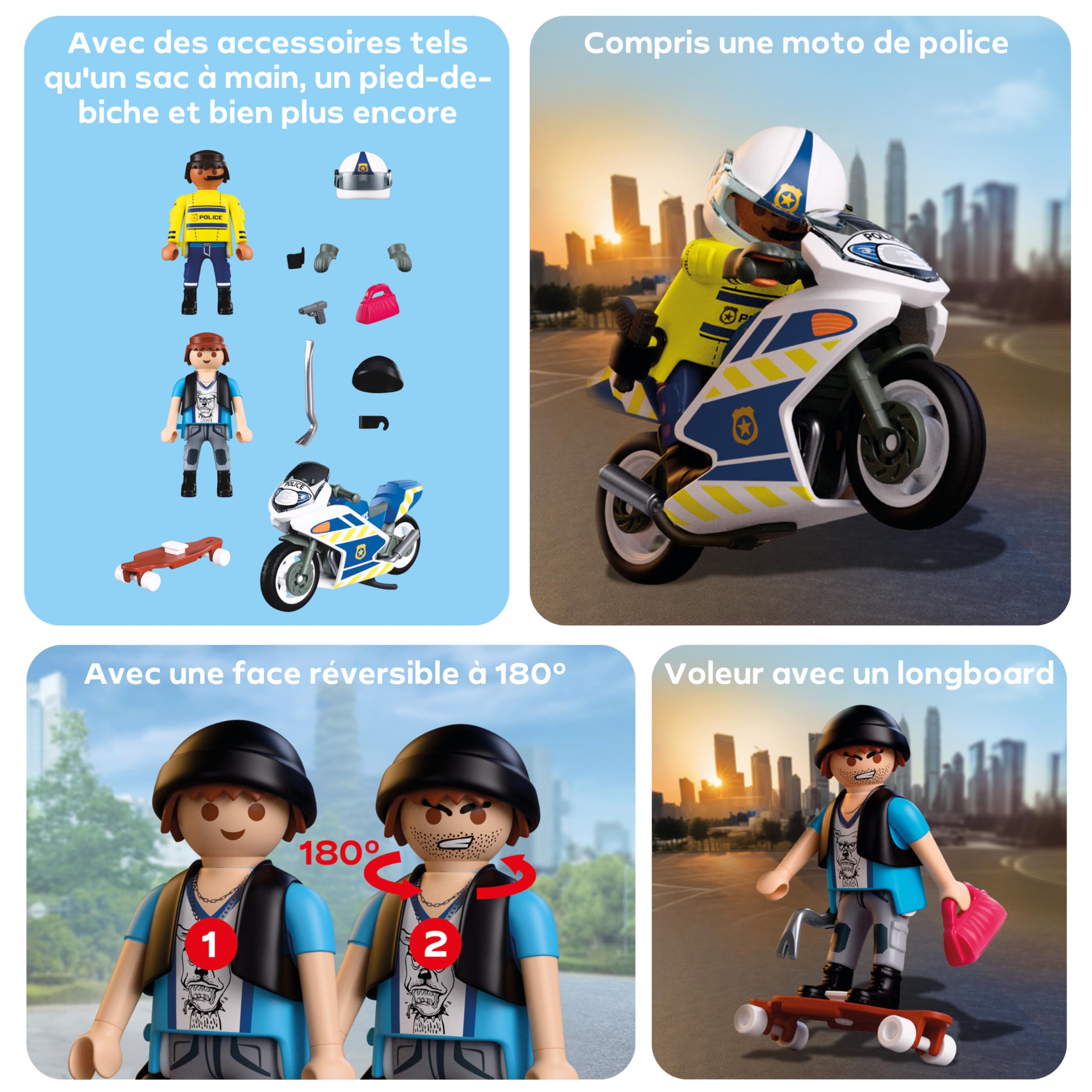 Playmobil City Action 72079 Police Chase Motorcycle Police Chase Longboard Thief Stimulates Creativity Toy for Children from 4 Years - 4