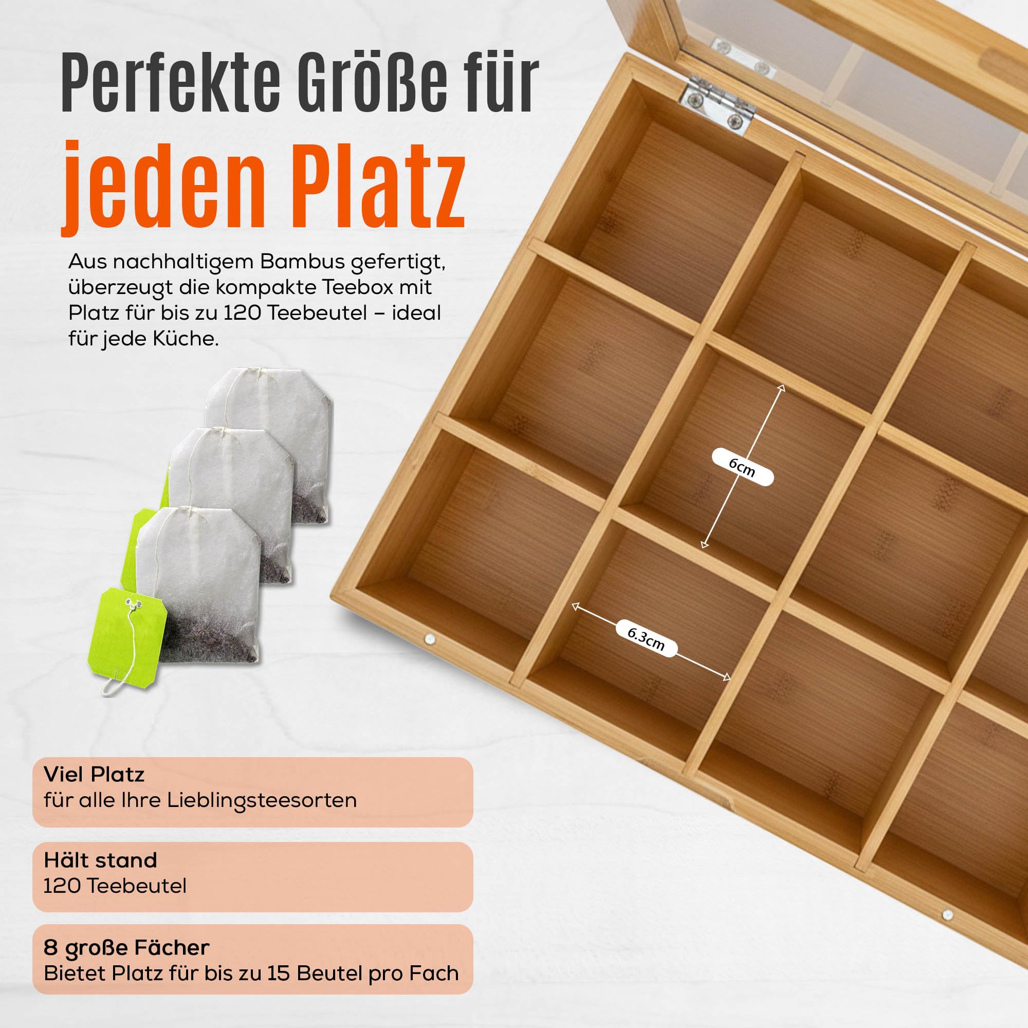 AH® Teebox aus Bambus mit 12 Fächern – Teekiste zur Teebeutel Aufbewahrung mit Sichtfenster & Magnetverschluss, HBT: 9 x 29 x 24 cm, Natur