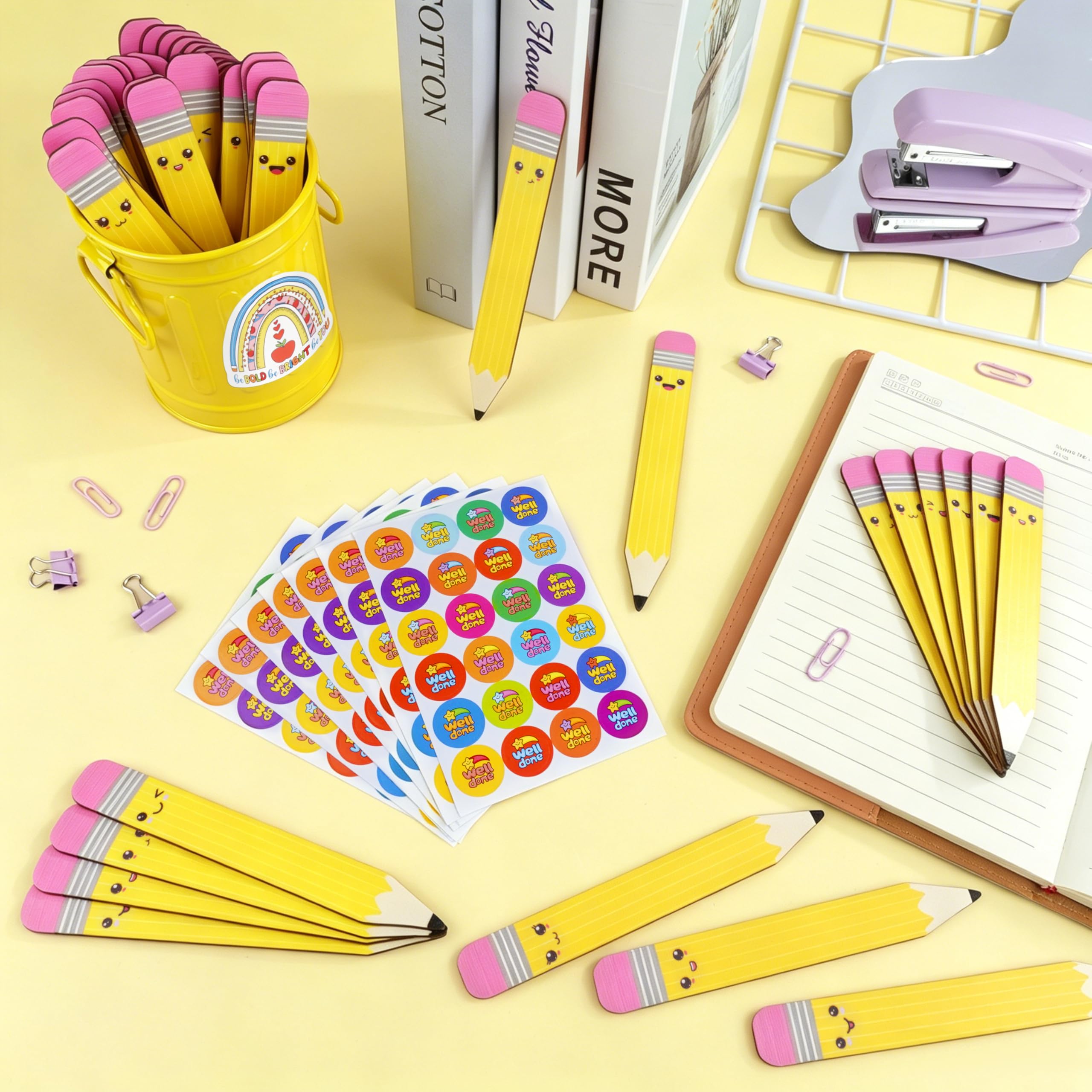 Lot de 49 bâtons de crayon en bois pour la rentrée des classes, pour enseignant, avec boîte de rangement, 240 autocollants de récompense pour groupe d'étudiants, gestion des activités d'apprentissage