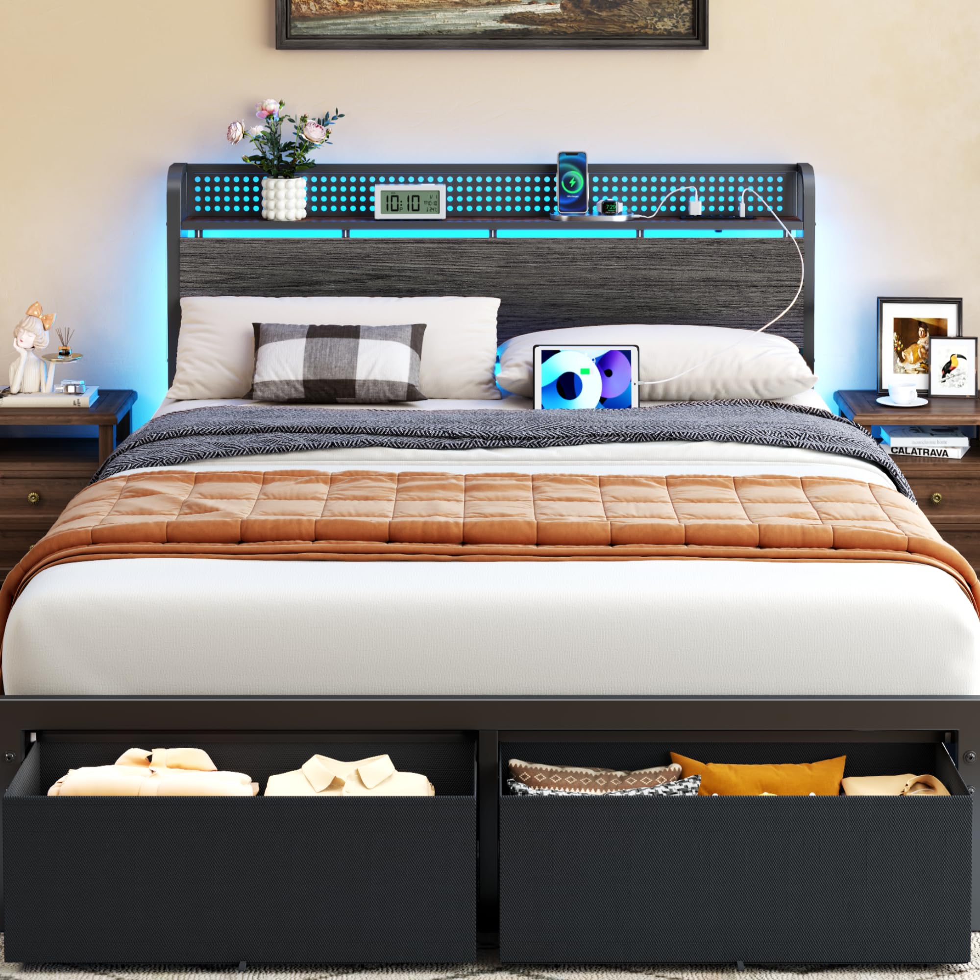 Furnulem Queen Bed Frame with Rustic Grey Storage Headboard and Charging Station