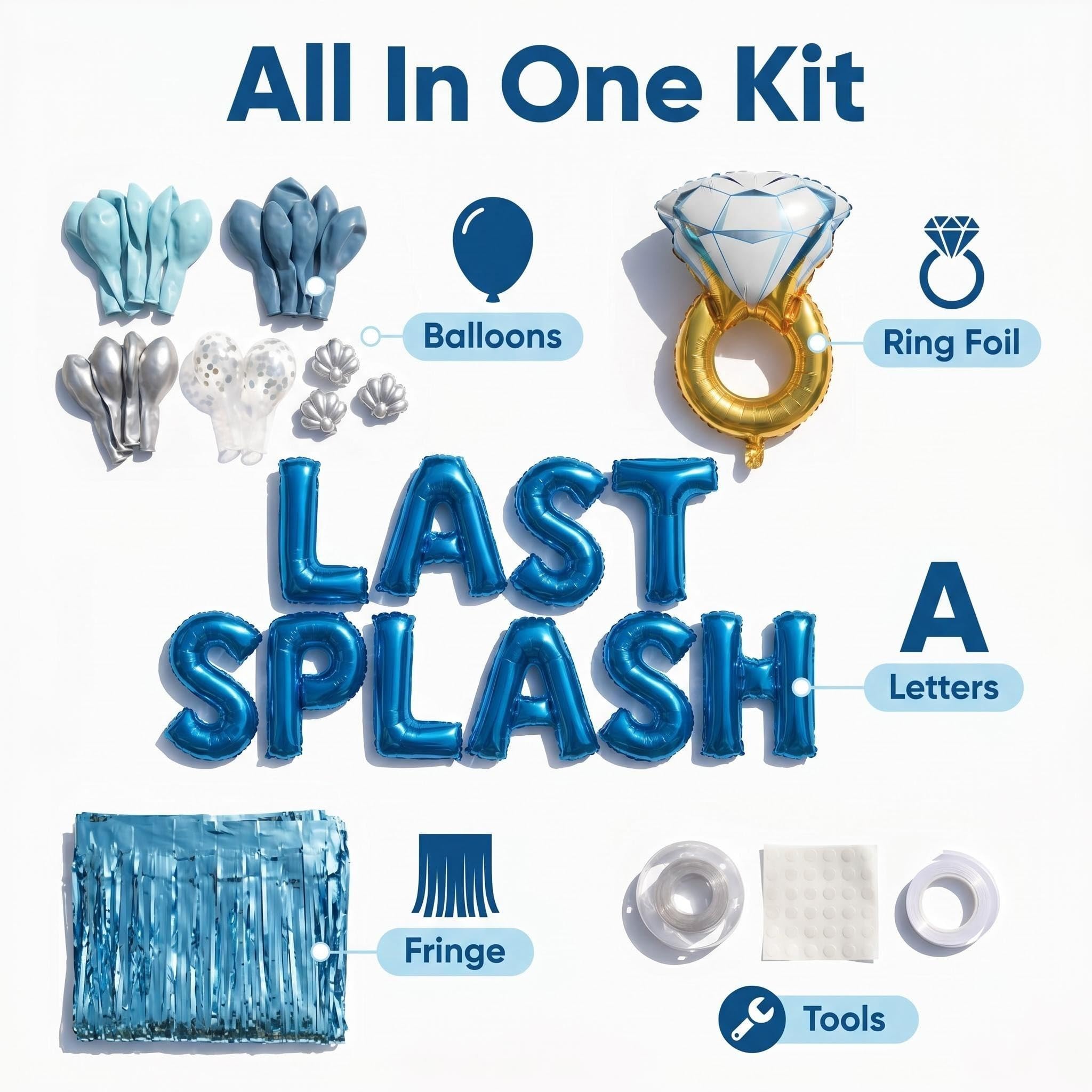 Last Splash - Kit de decoración para despedida de soltera, arco de guirnalda de globos plateados y azules con globos de letras de aluminio "Last Splash" y globo de anillo de diamante, suministros de