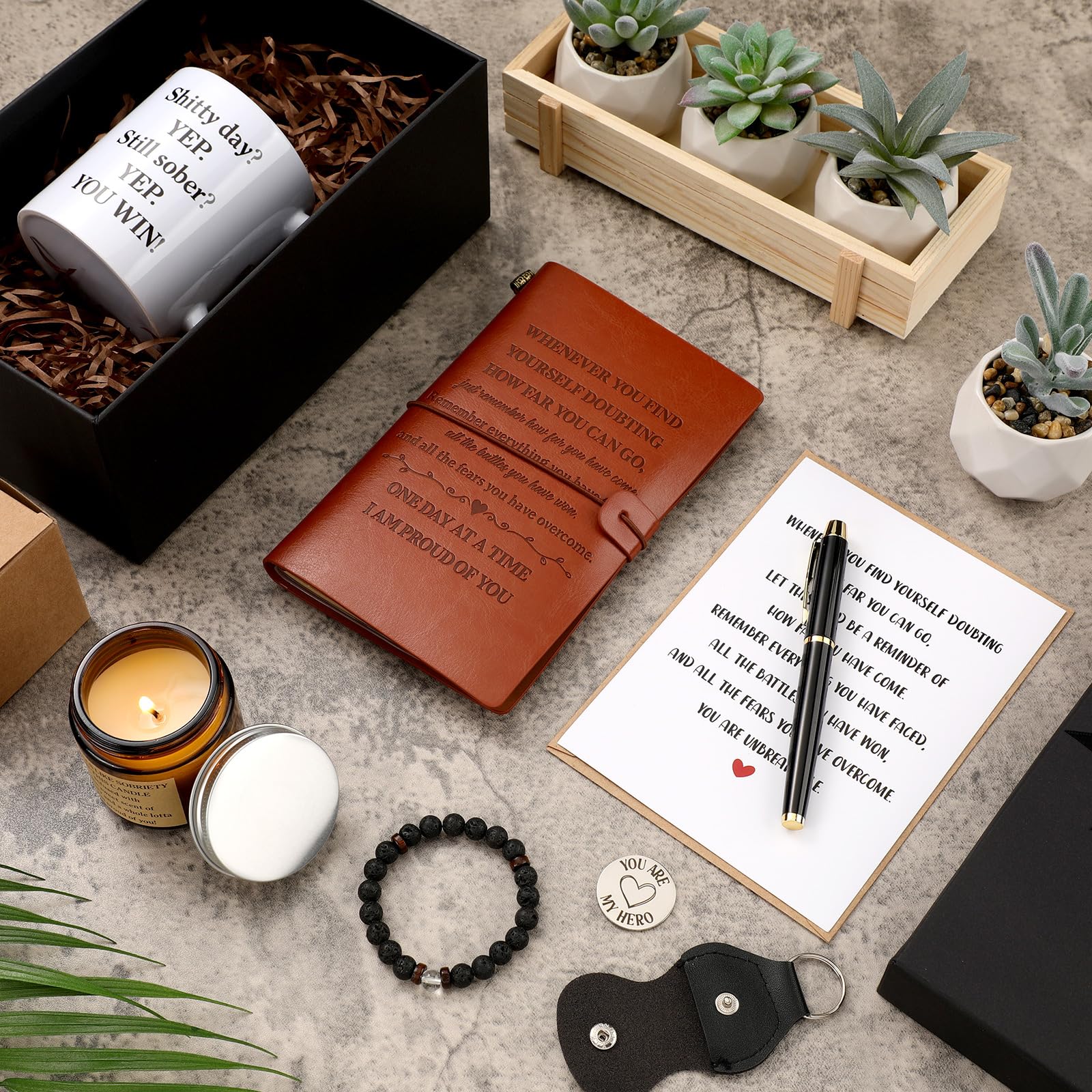 Pinkunn 7 Pcs Sobriety Gifts Set for Men Women Addiction Recovery Gifts Include Sober Mug Candle Beaded Bracelets Leather Notebook with Pen Wish Card with Envelope Gift Box for Aa Alcoholics